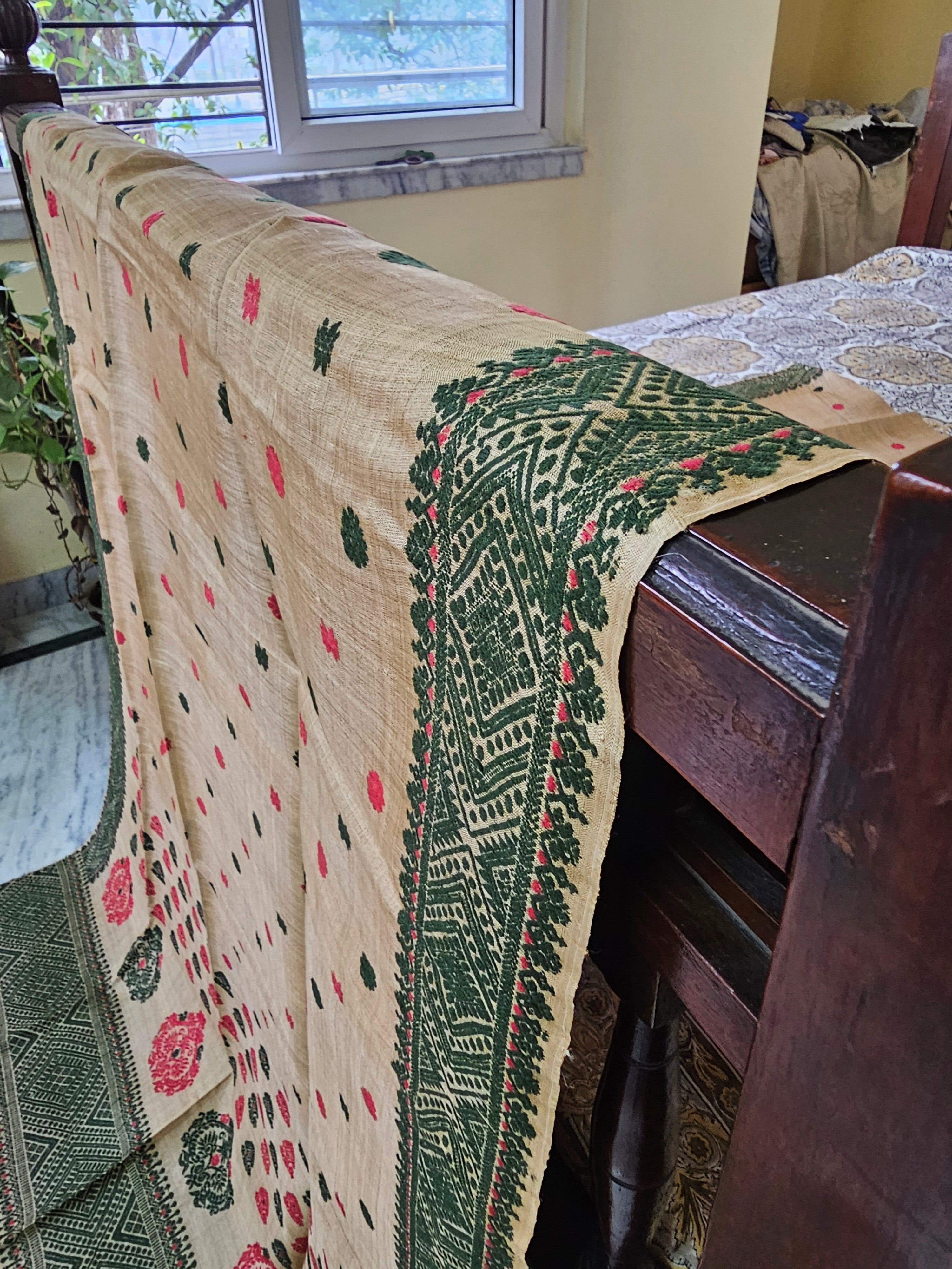 Heirloom Pure Assam Muga Saree with Natural Dyed Eri Extra Weft in Green