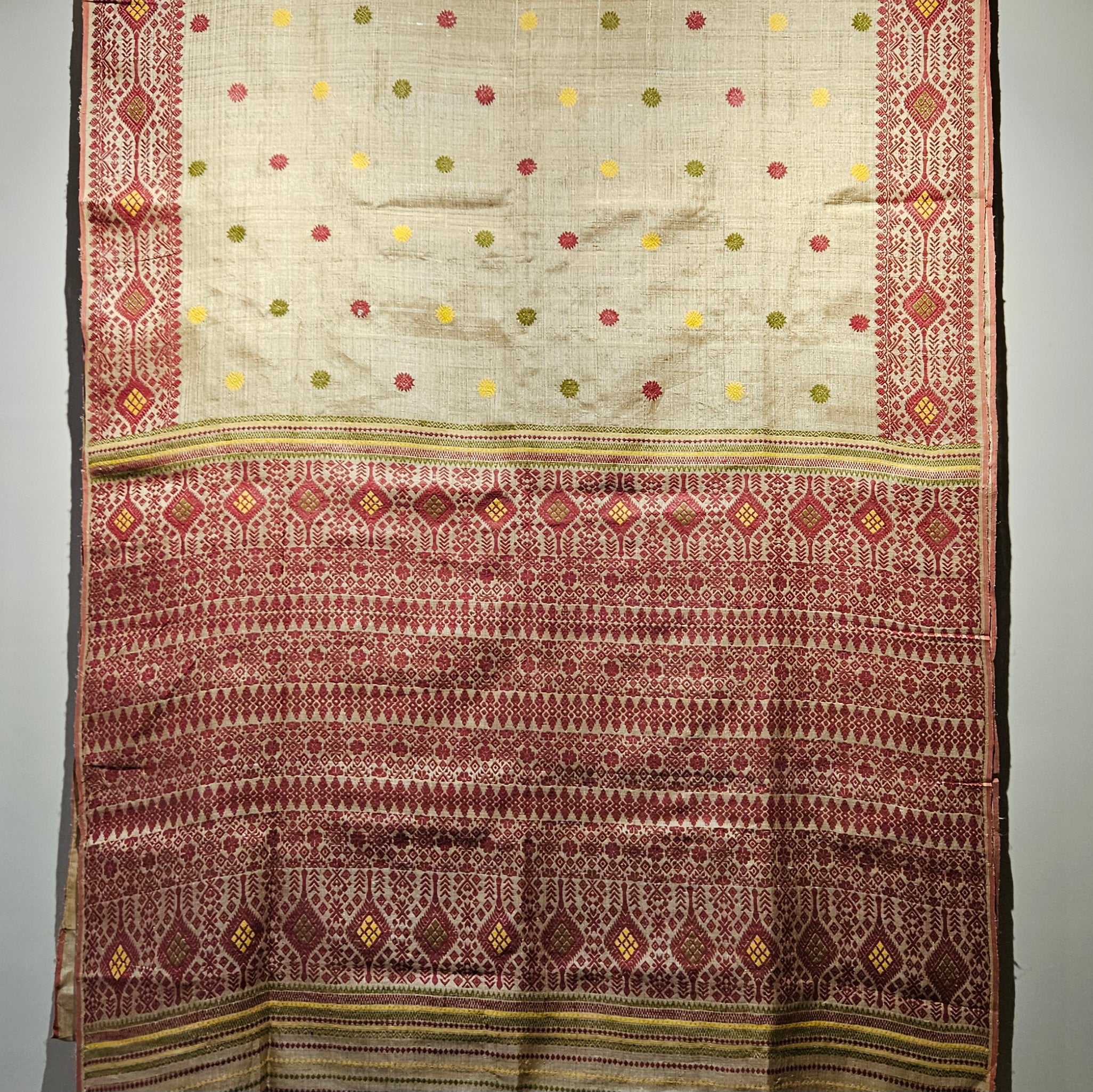 Red Green Heirloom Pure Assam Muga Saree with Natural Dyed Eri Extra Weft