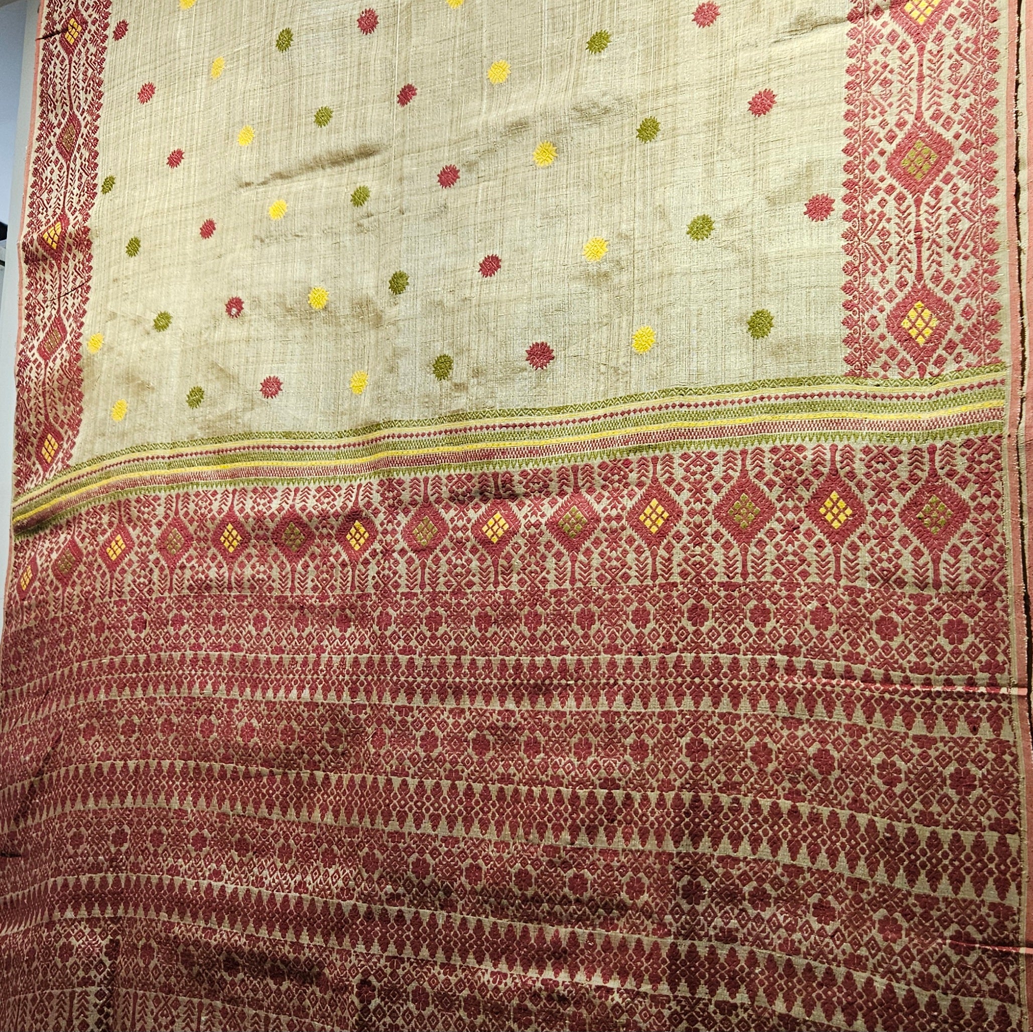 Red Green Heirloom Pure Assam Muga Saree with Natural Dyed Eri Extra Weft