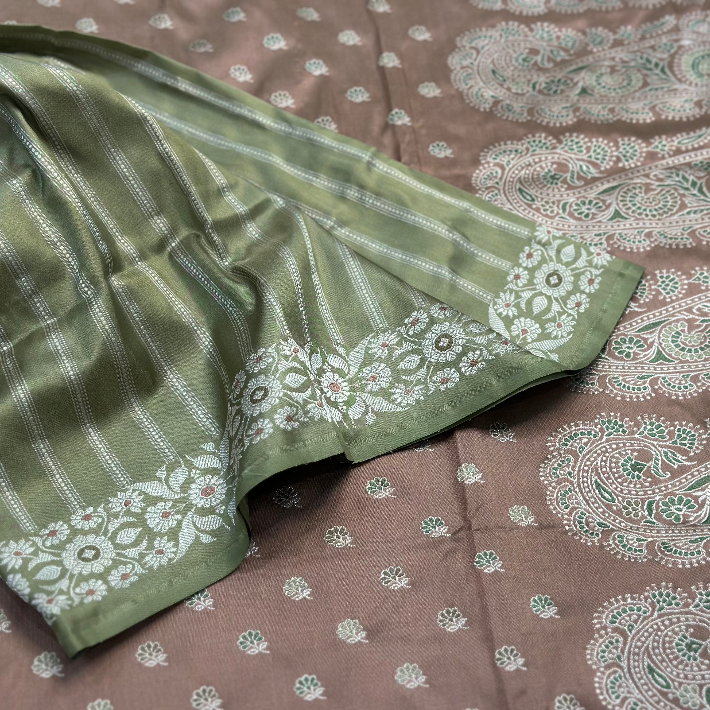 Rosy Brown and Green Baluchari Saree with Paisleys in the Palla