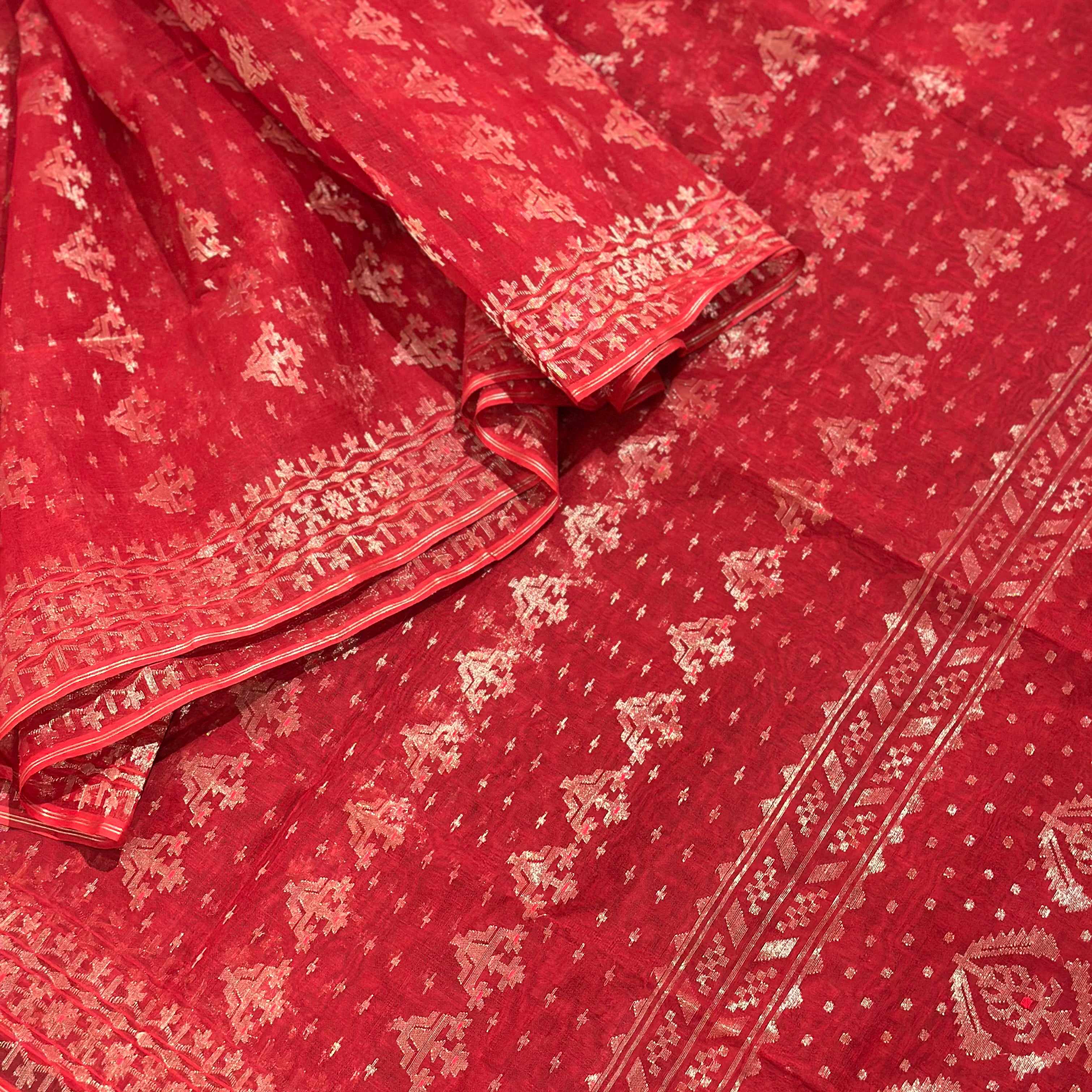Red Dhakai Jamdani Saree with Butis
