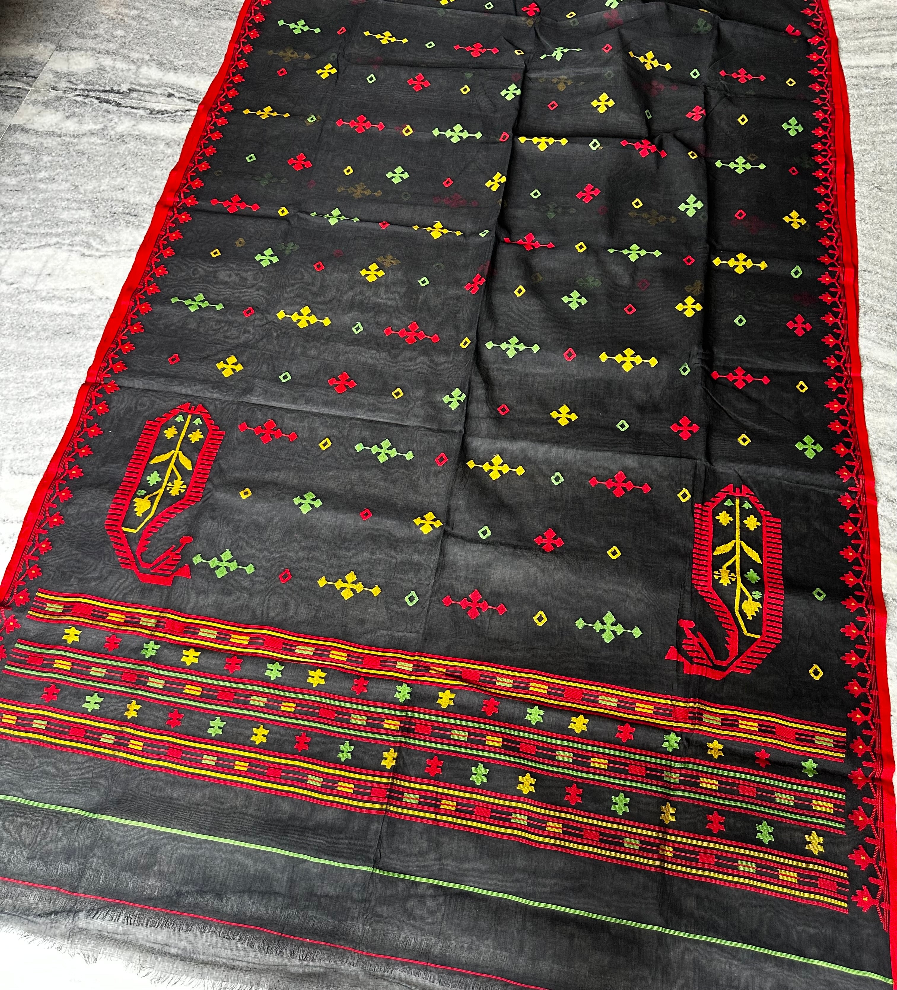 Black with Red and Green Dhakai Jamdani