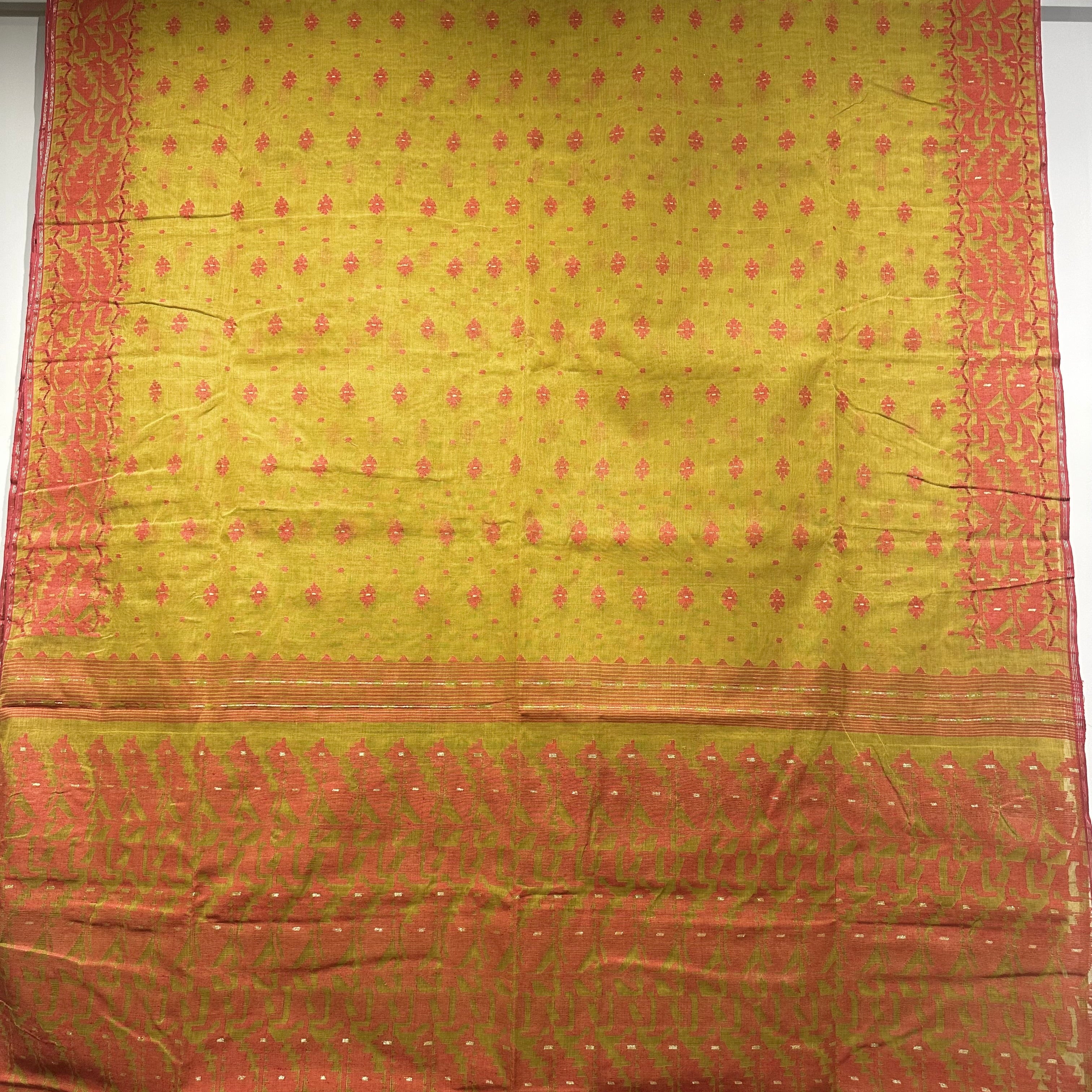 Mustard and Red Dhakai Jamdani