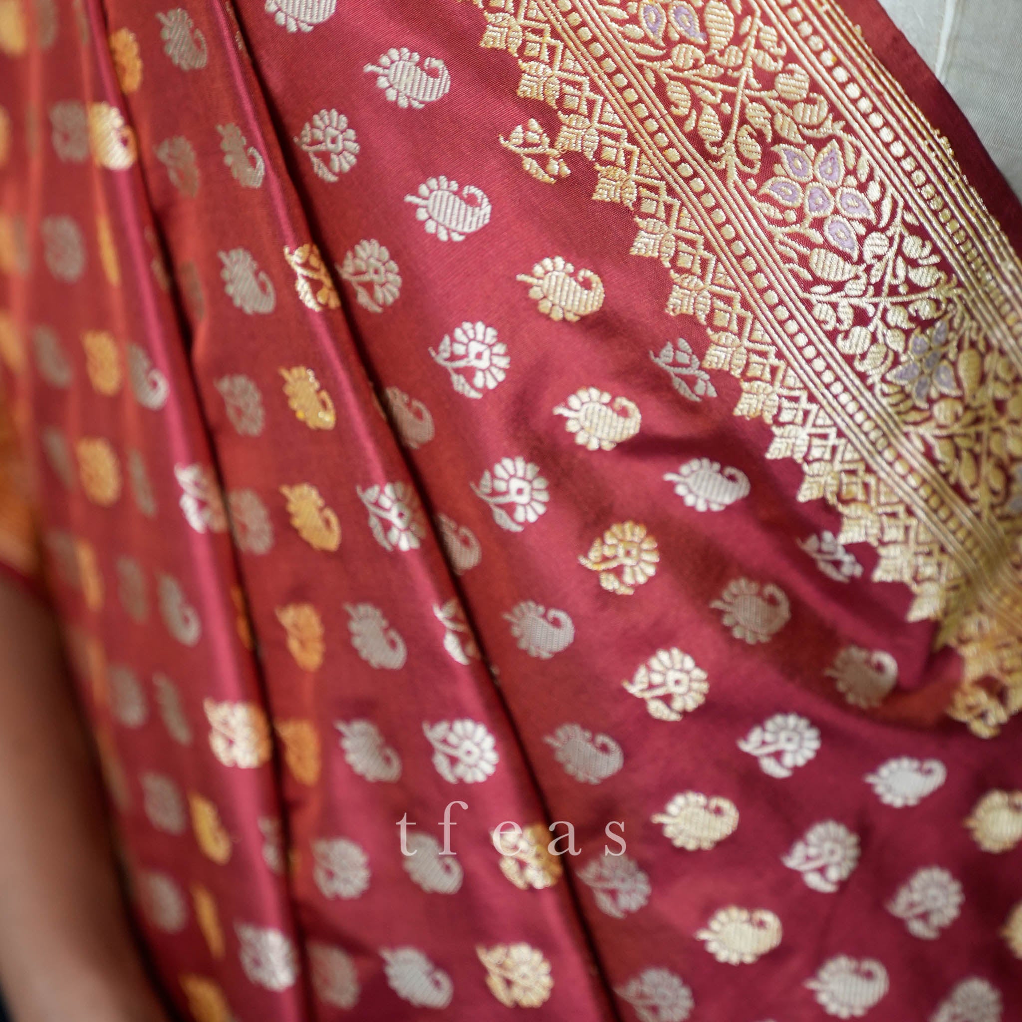 Red Revival Baluchari Saree with tree of life and zari