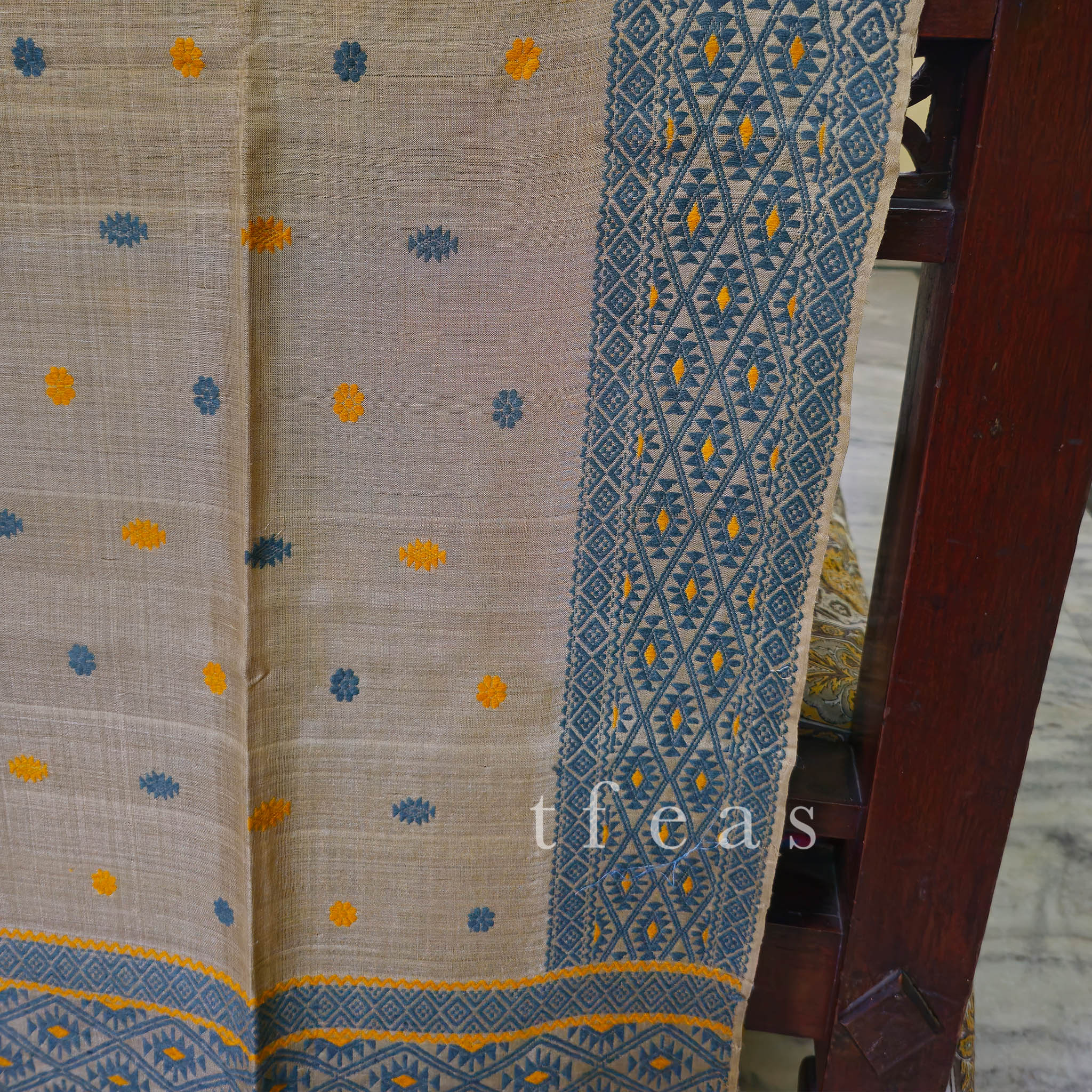 Heirloom Pure Assam Muga Saree with Natural Dyed Eri Extra Weft in Indigo and Mustard