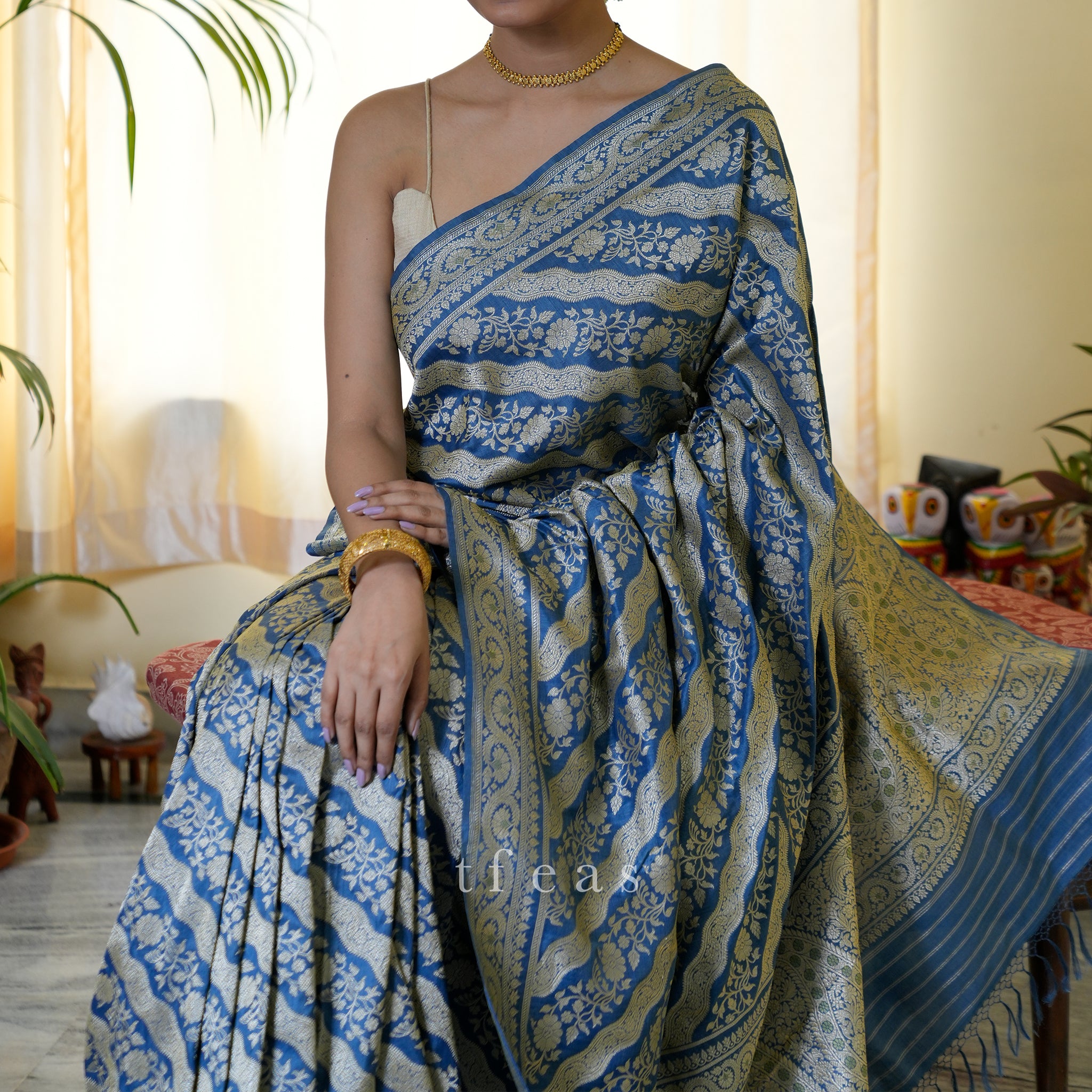 Indigo Natural Dyed Ada Khadwa Benarasi Saree