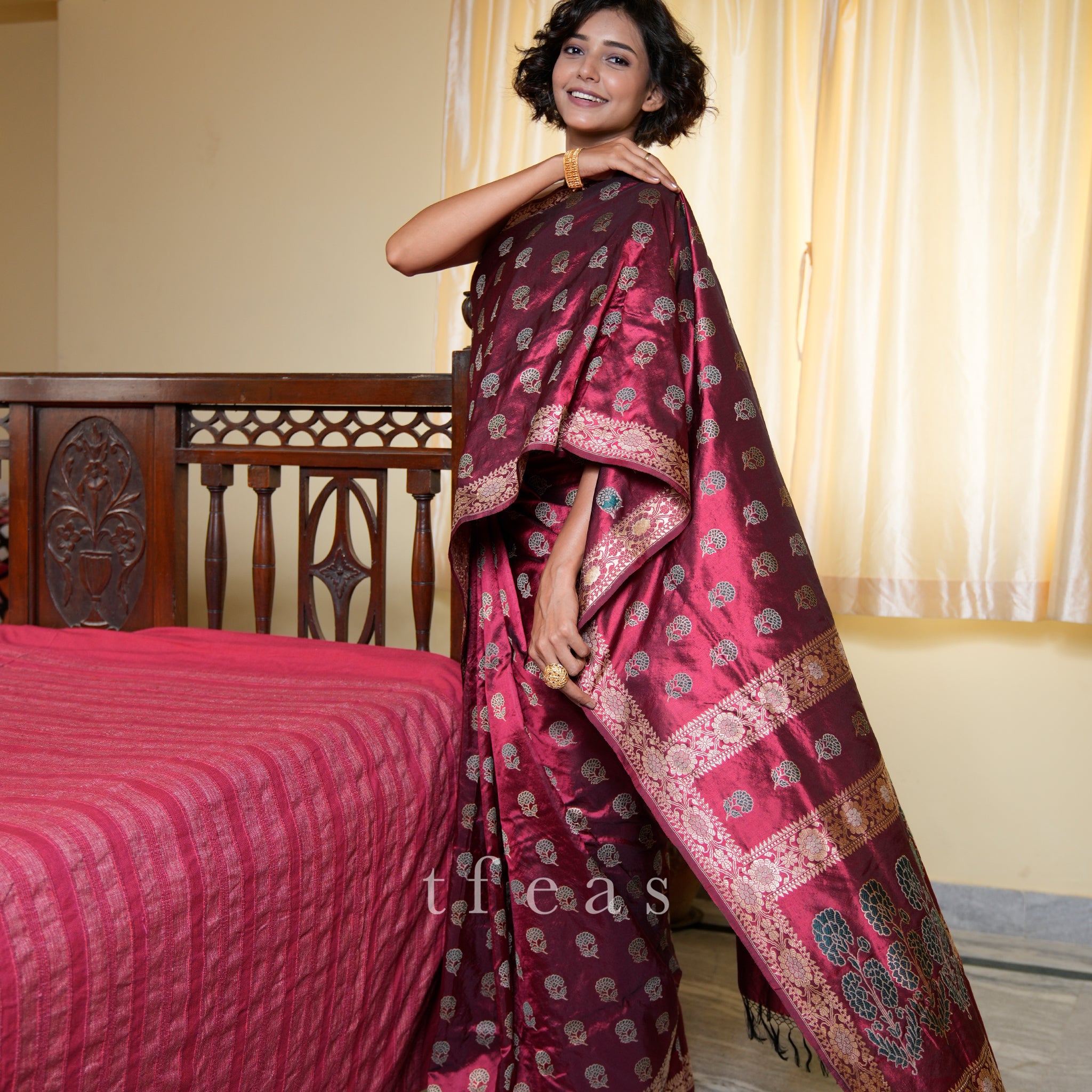 Maroon with Green Minakari Revival Baluchari Saree