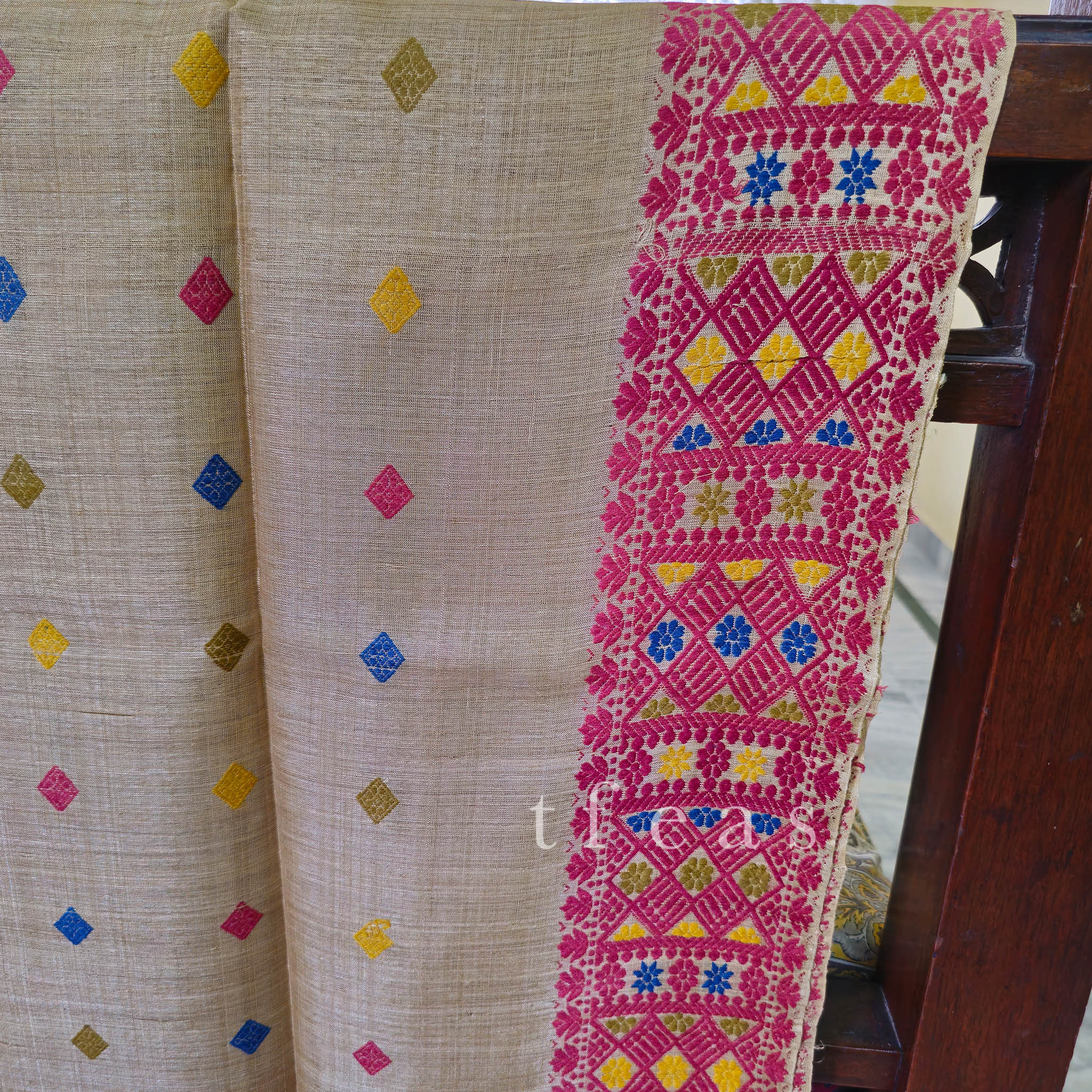 Heirloom Pure Assam Muga Saree with Natural Dyed Eri Extra Weft in Multicolor Diamond Motifs