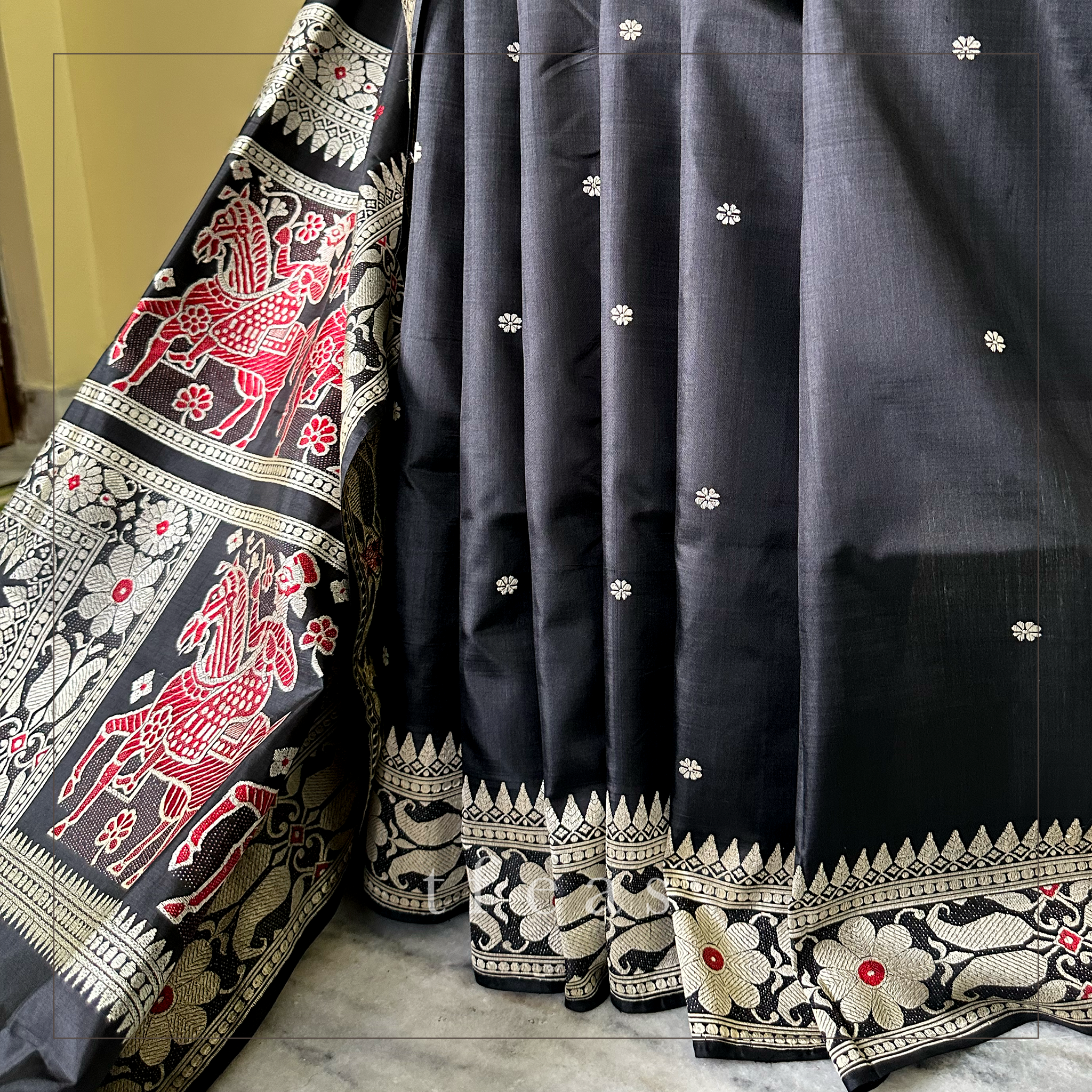 Black with White and Red Baluchari Saree from Bengal