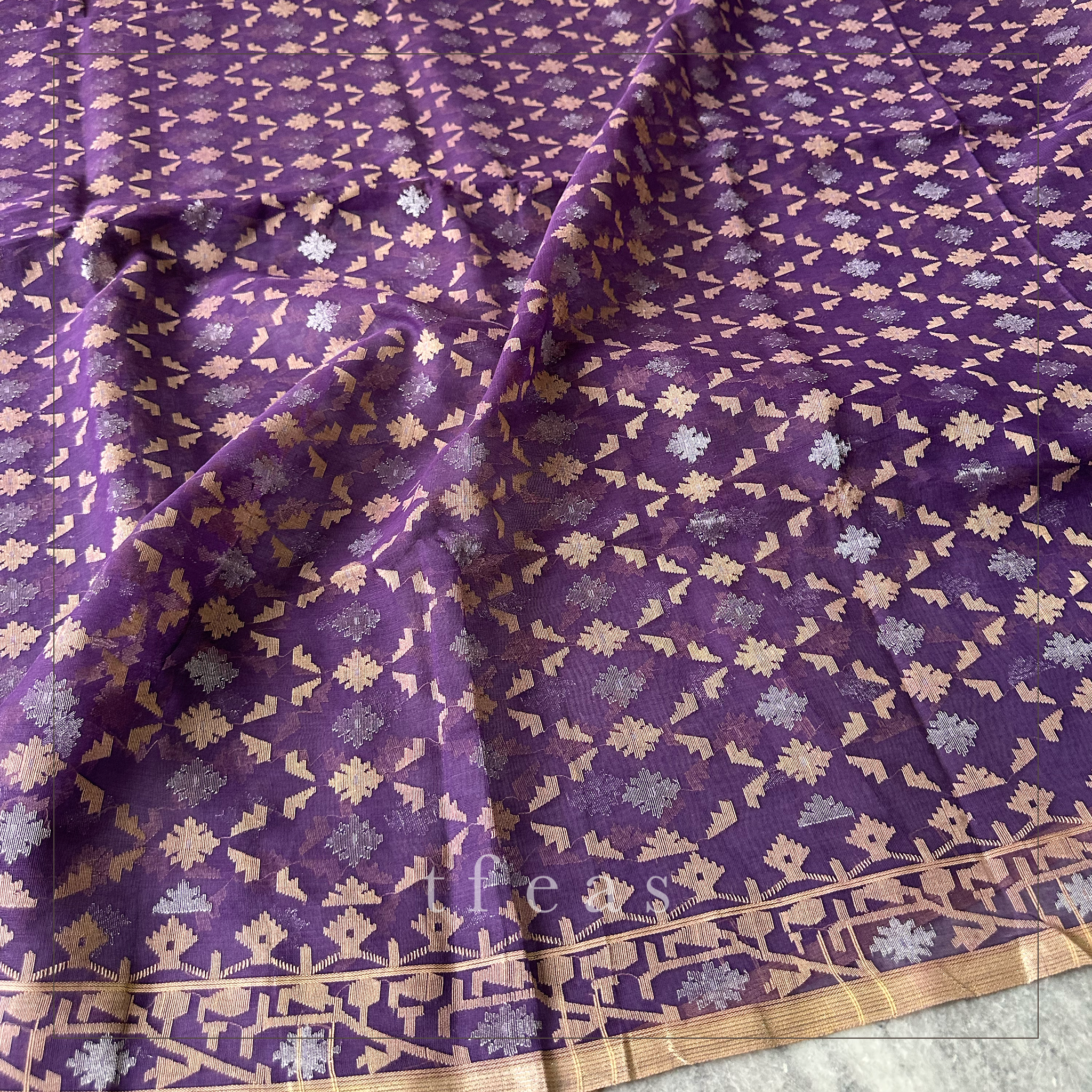 Purple, Beige and Silver Zari Jaal Dhakai Jamdani Saree