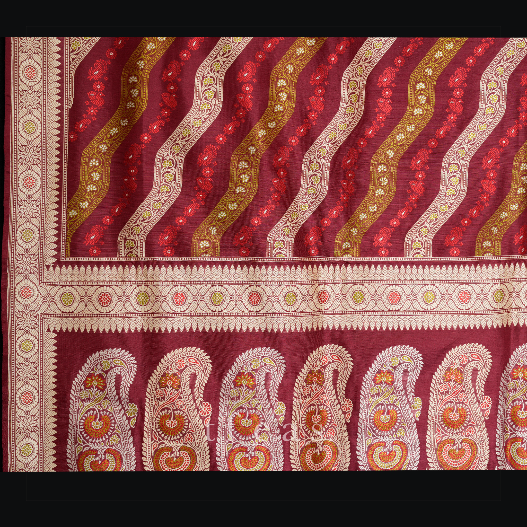 Maroon Ada Revival Baluchari with Pistachio and Red Minakari