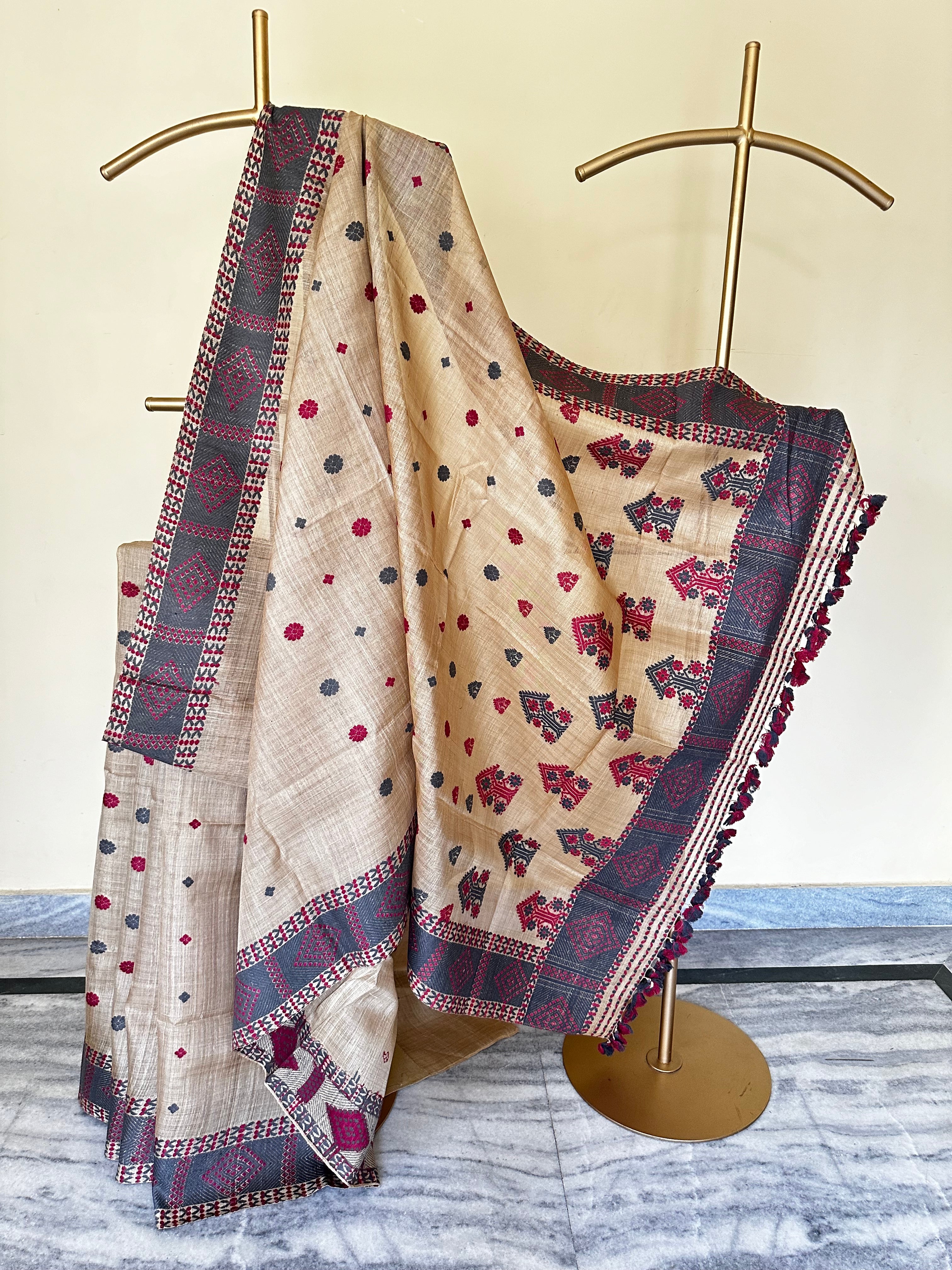 Heirloom Pure Assam Muga Saree with Natural Dyed Eri Extra Weft in Red and Grey