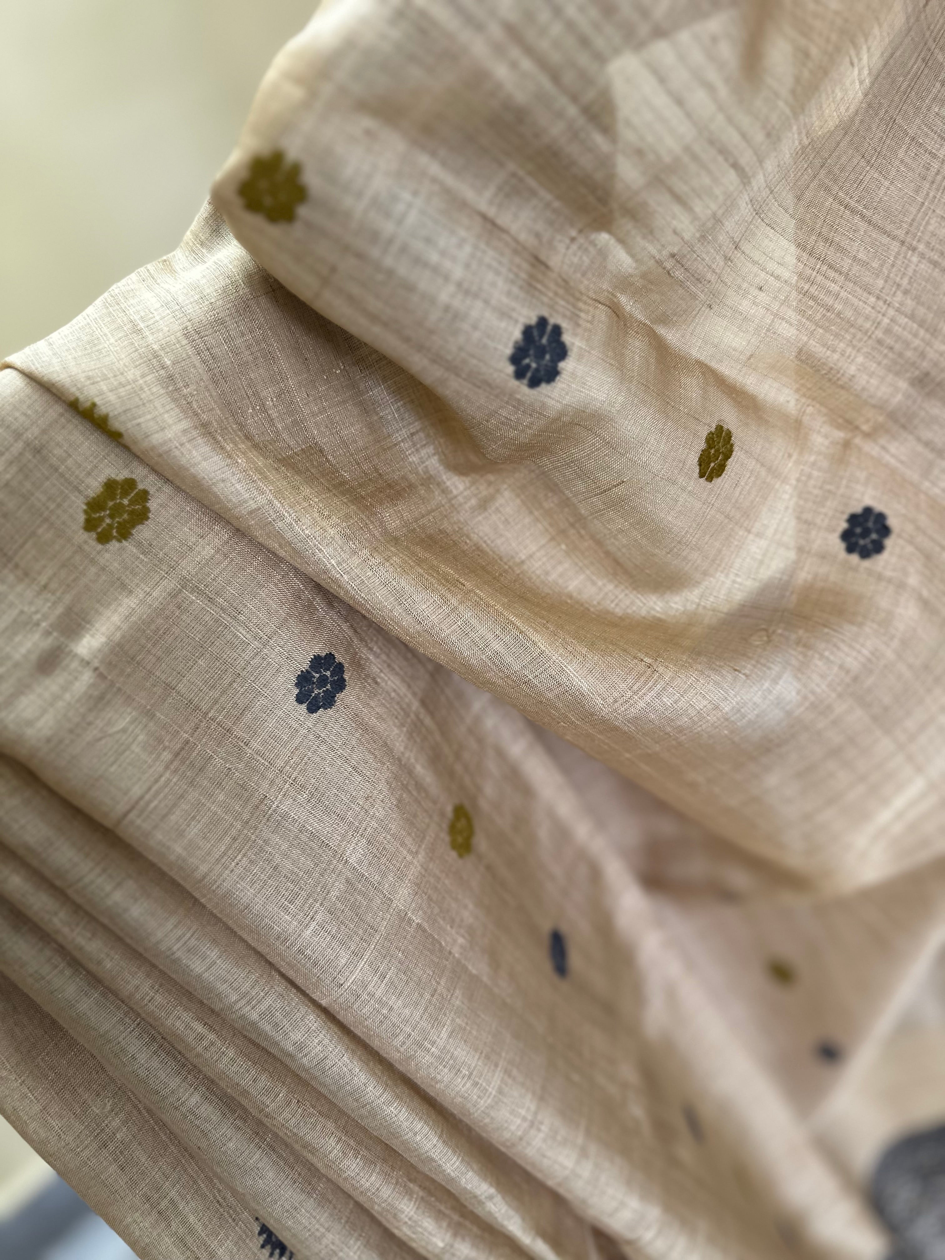 Heirloom Pure Assam Muga Saree with Natural Dyed Eri Extra Weft in Indigo and Mehendi