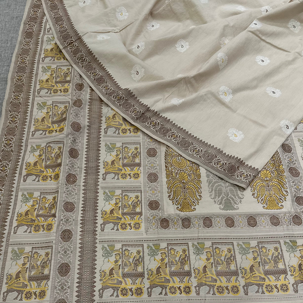 Beige Grand Palla Baluchari Saree with butis