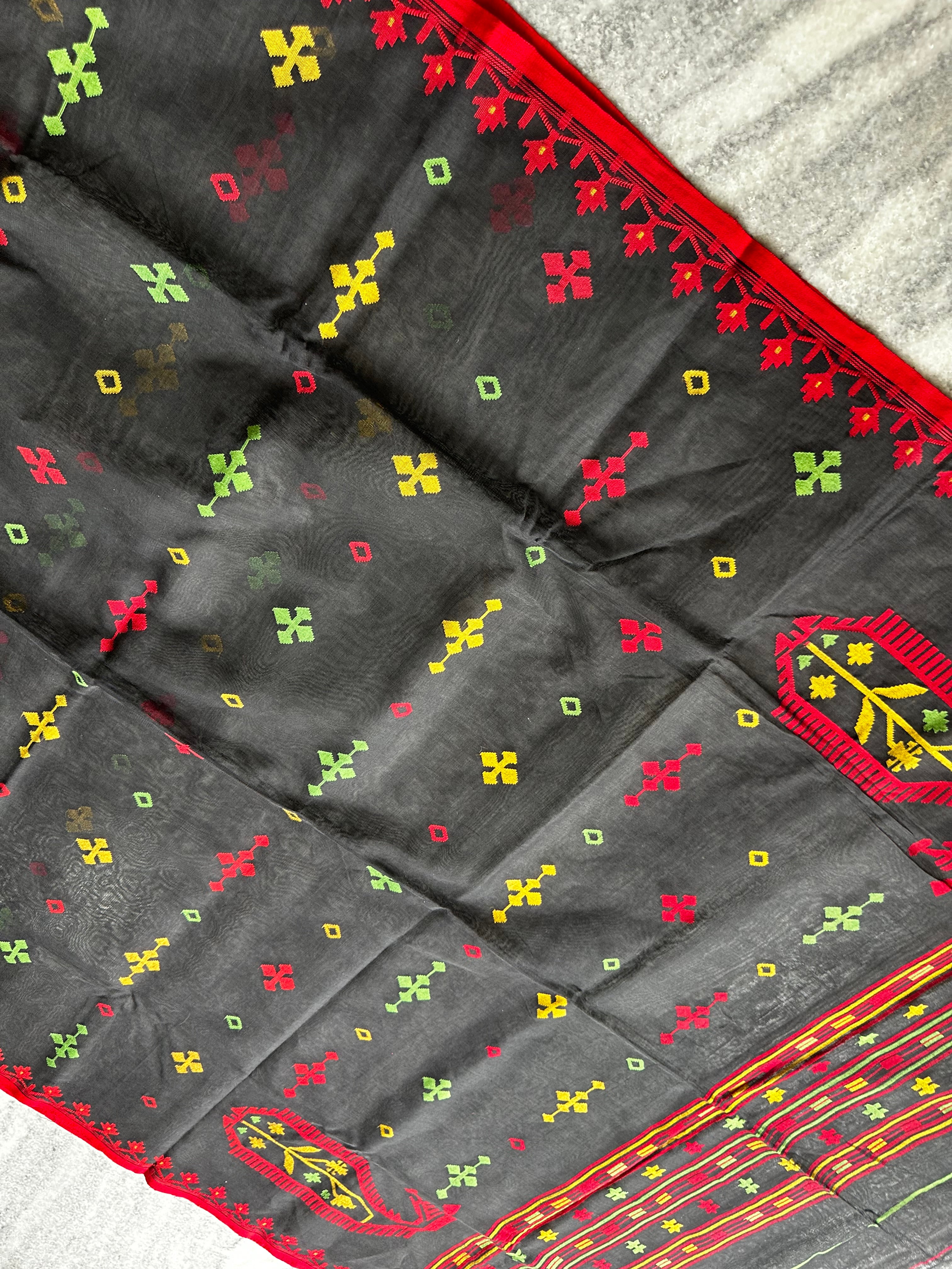 Black with Red and Green Dhakai Jamdani