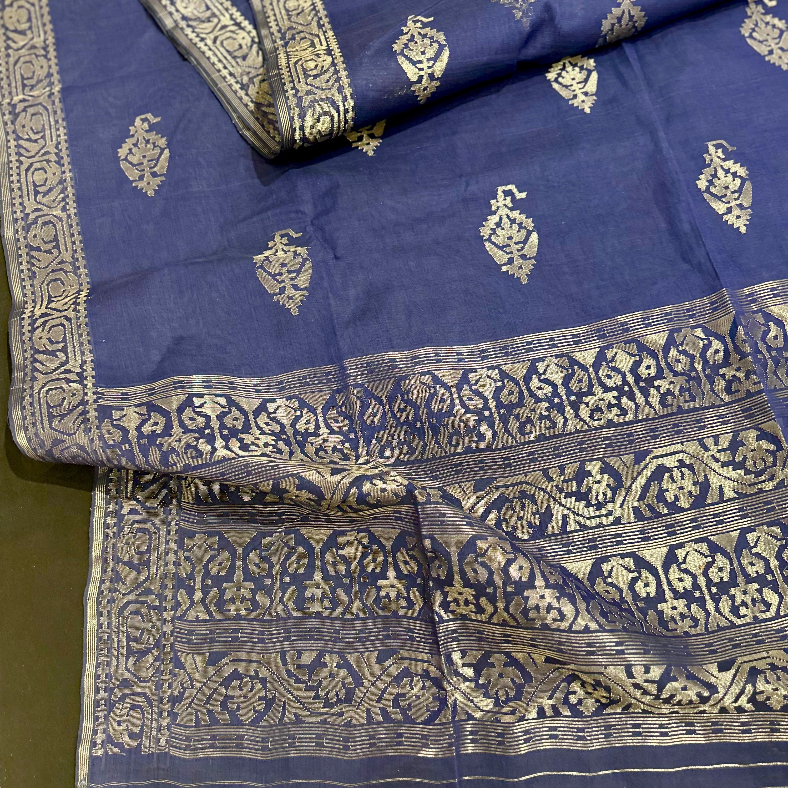 Blue Dhakai Jamdani with Silver