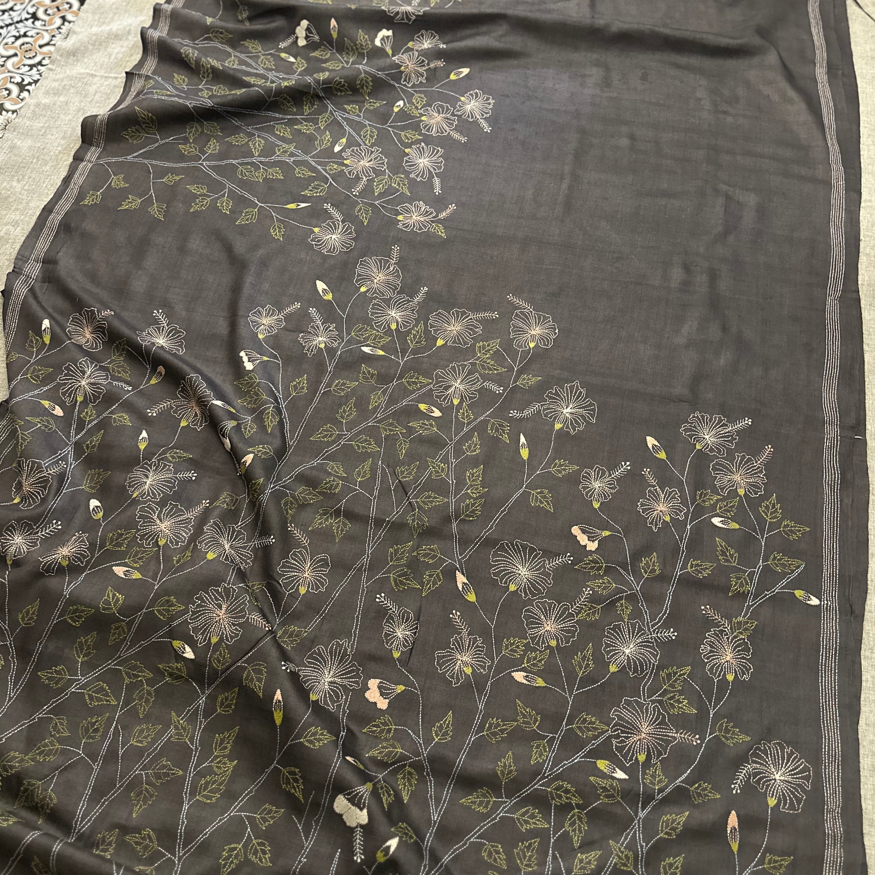 Grey Natural Dyed Handwoven Tussar with Kantha