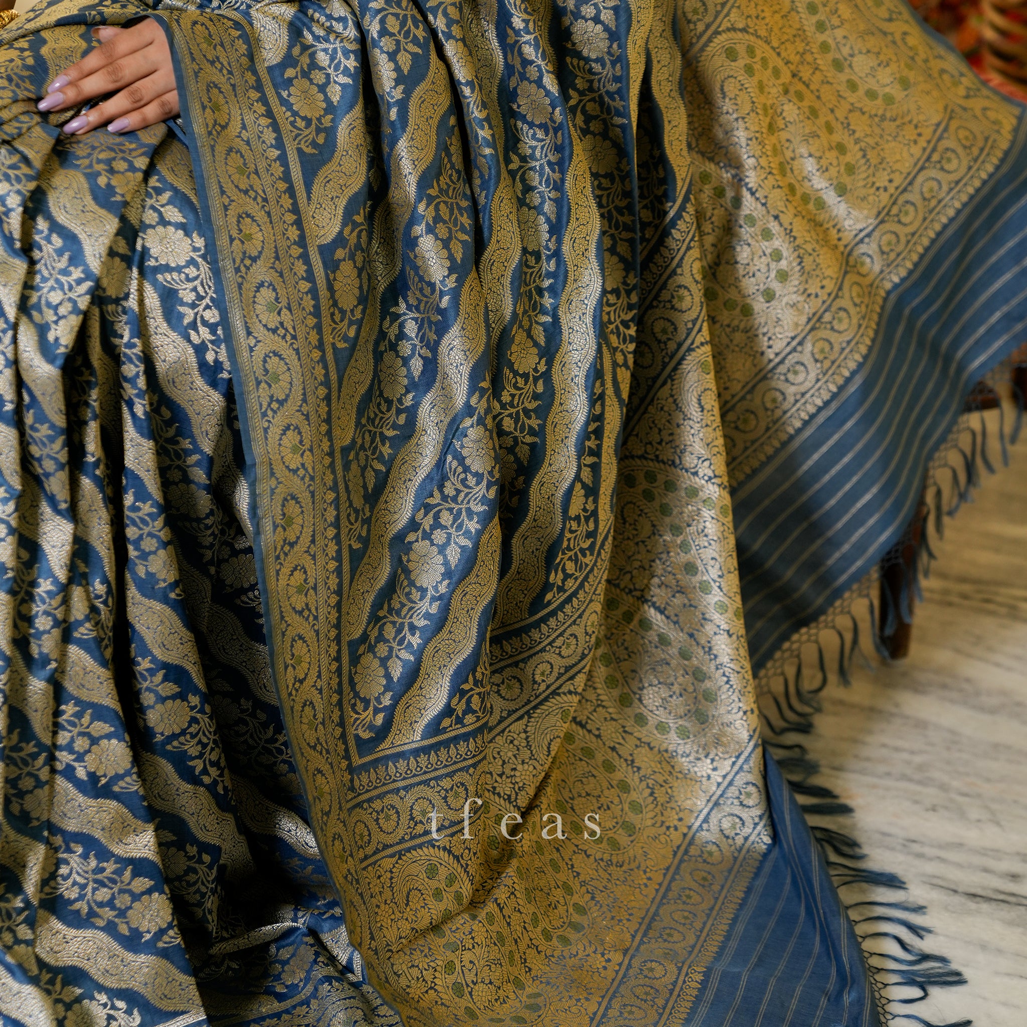 Indigo Natural Dyed Ada Khadwa Benarasi Saree