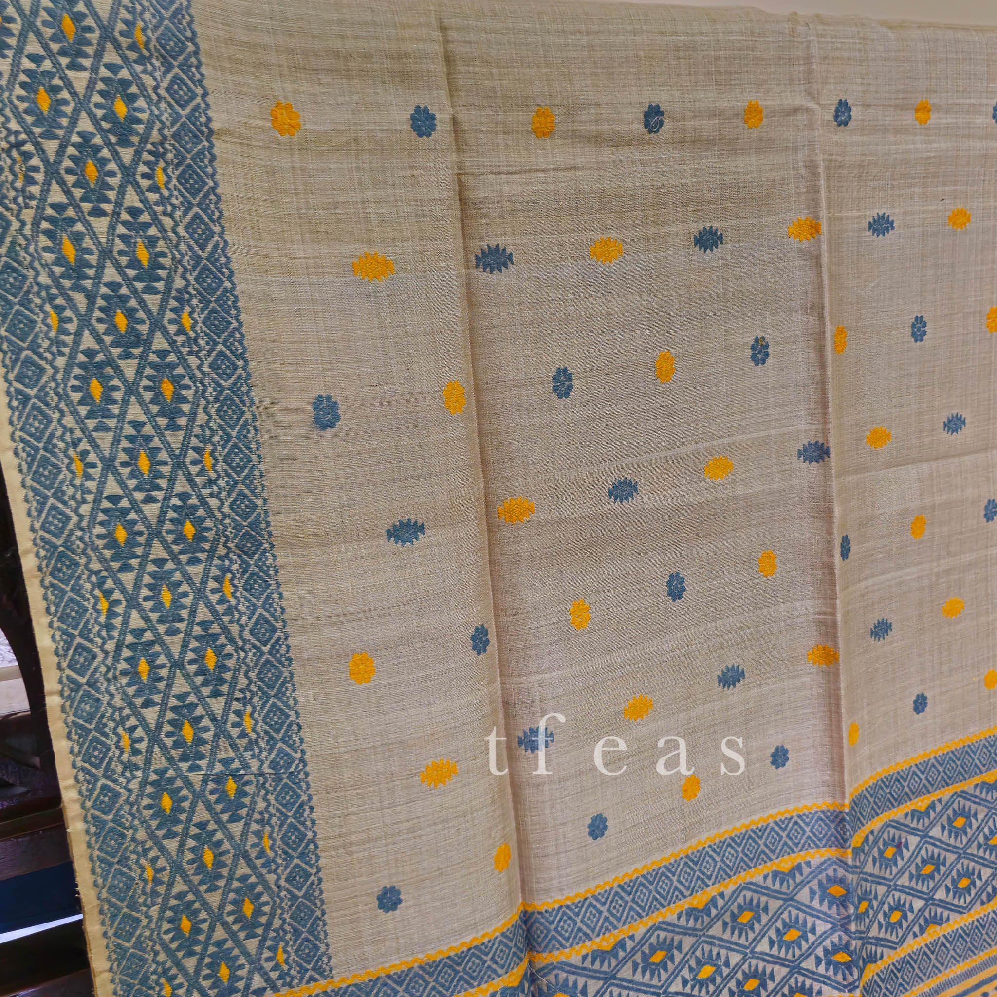 Heirloom Pure Assam Muga Saree with Natural Dyed Eri Extra Weft in Indigo and Mustard