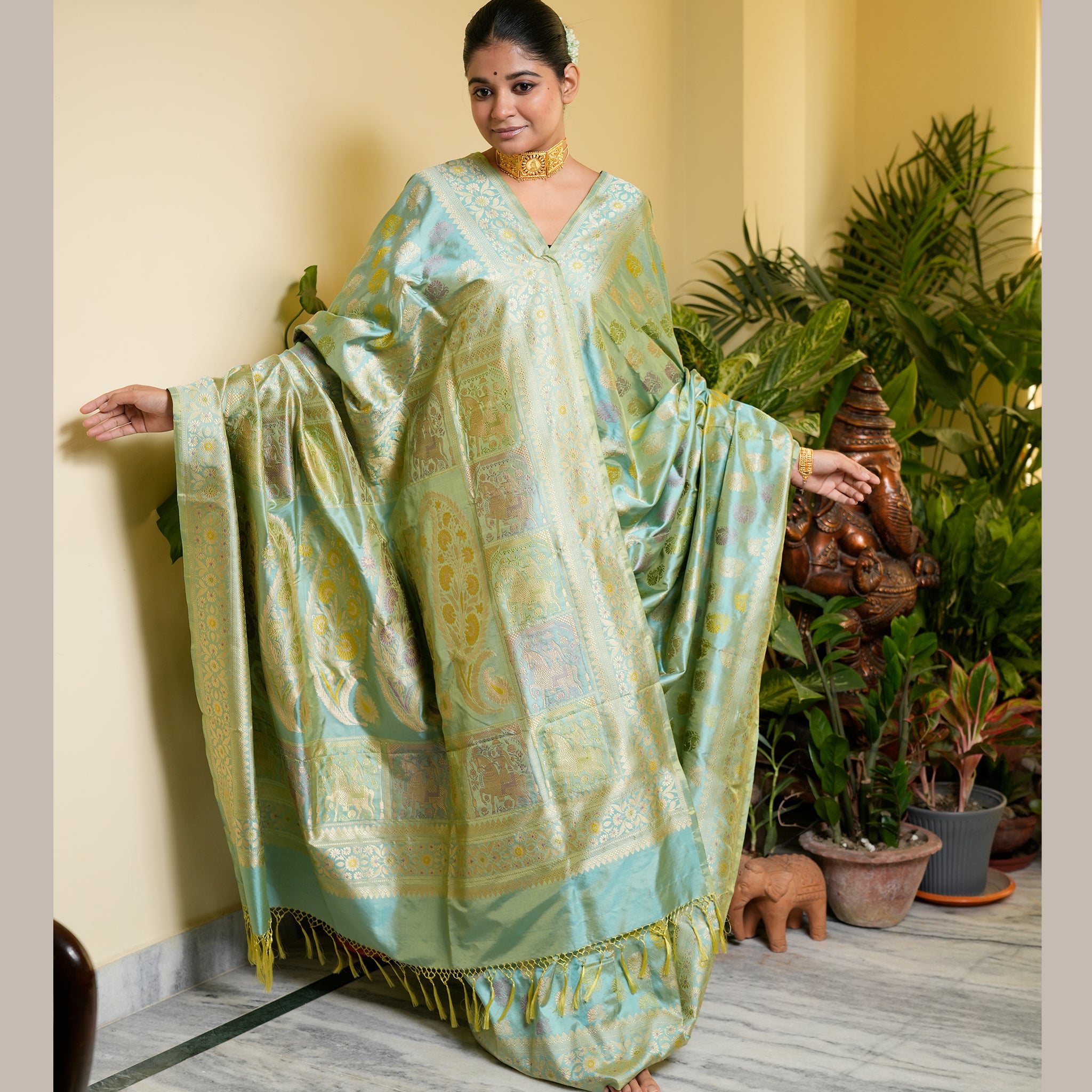 Sea Green Shot Colour Revival Baluchari from Benaras