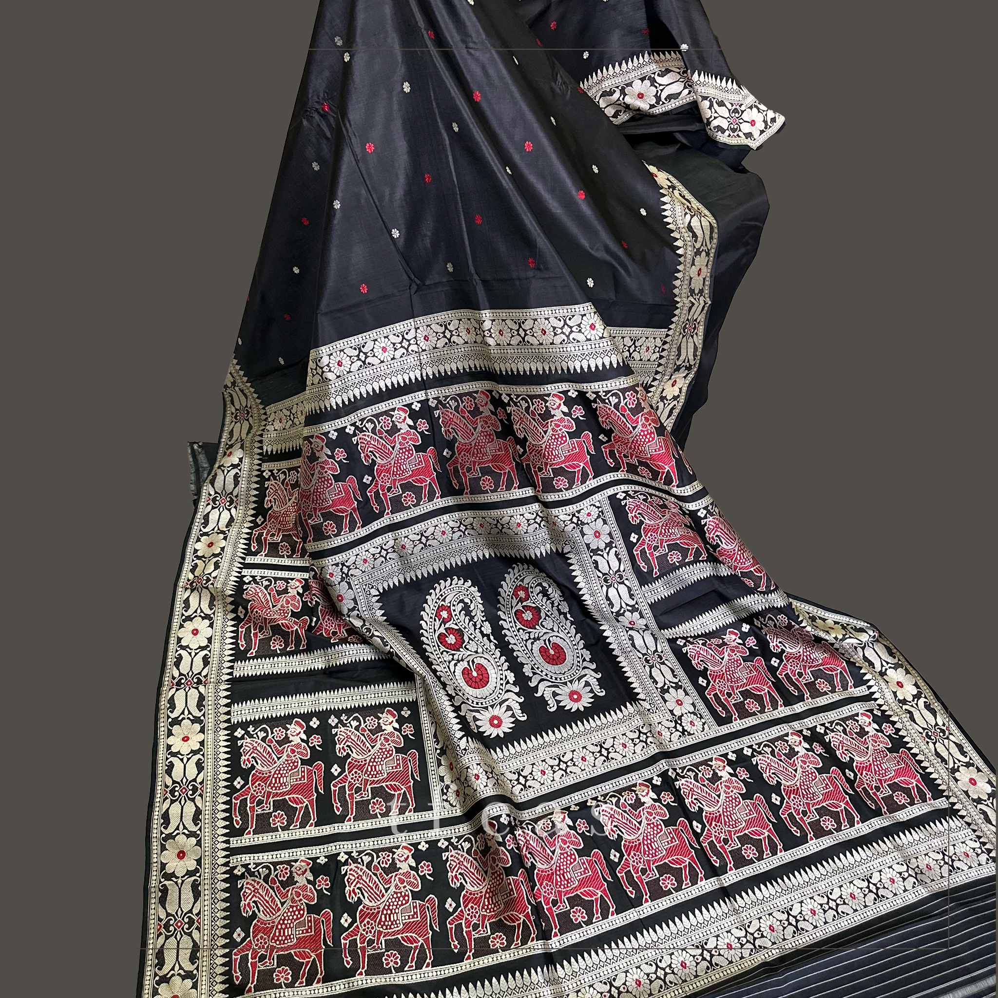 Black with White and Red Baluchari Saree from Bengal