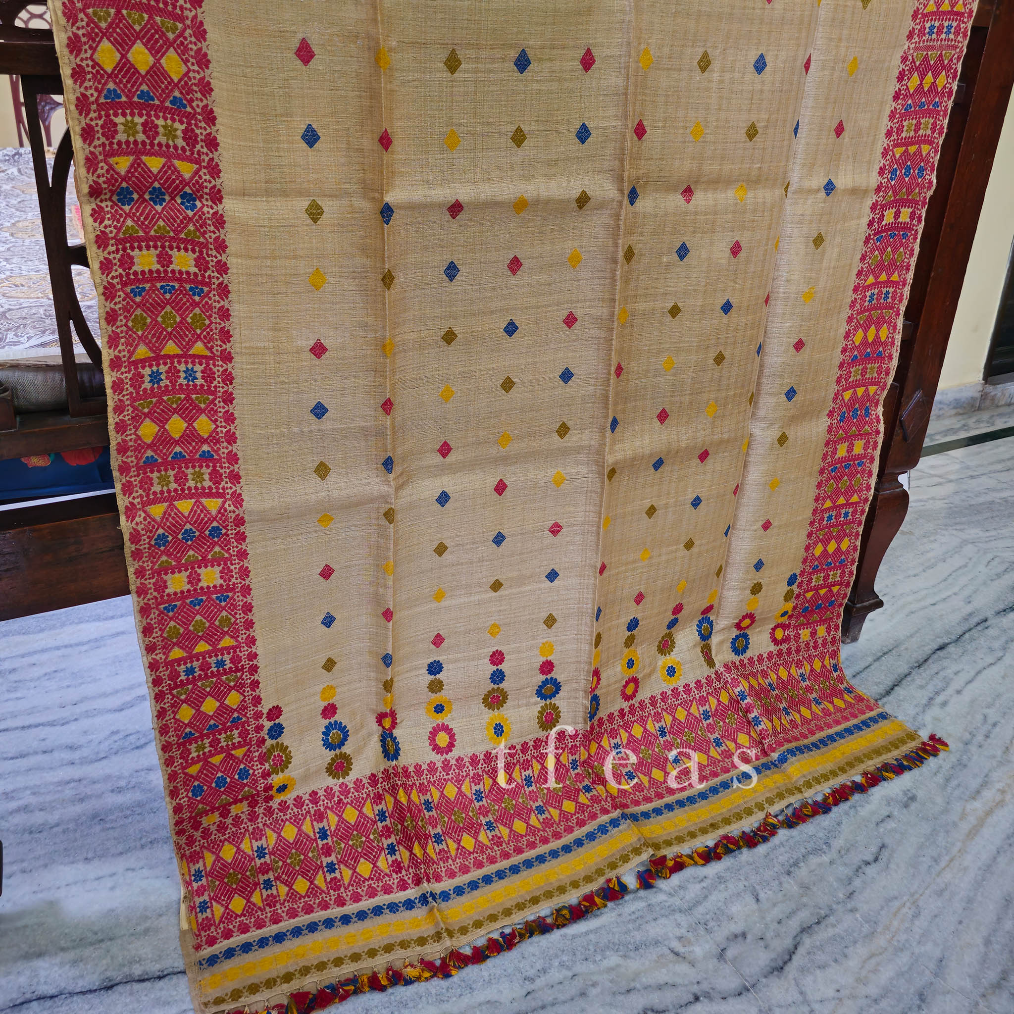 Heirloom Pure Assam Muga Saree with Natural Dyed Eri Extra Weft in Multicolor Diamond Motifs