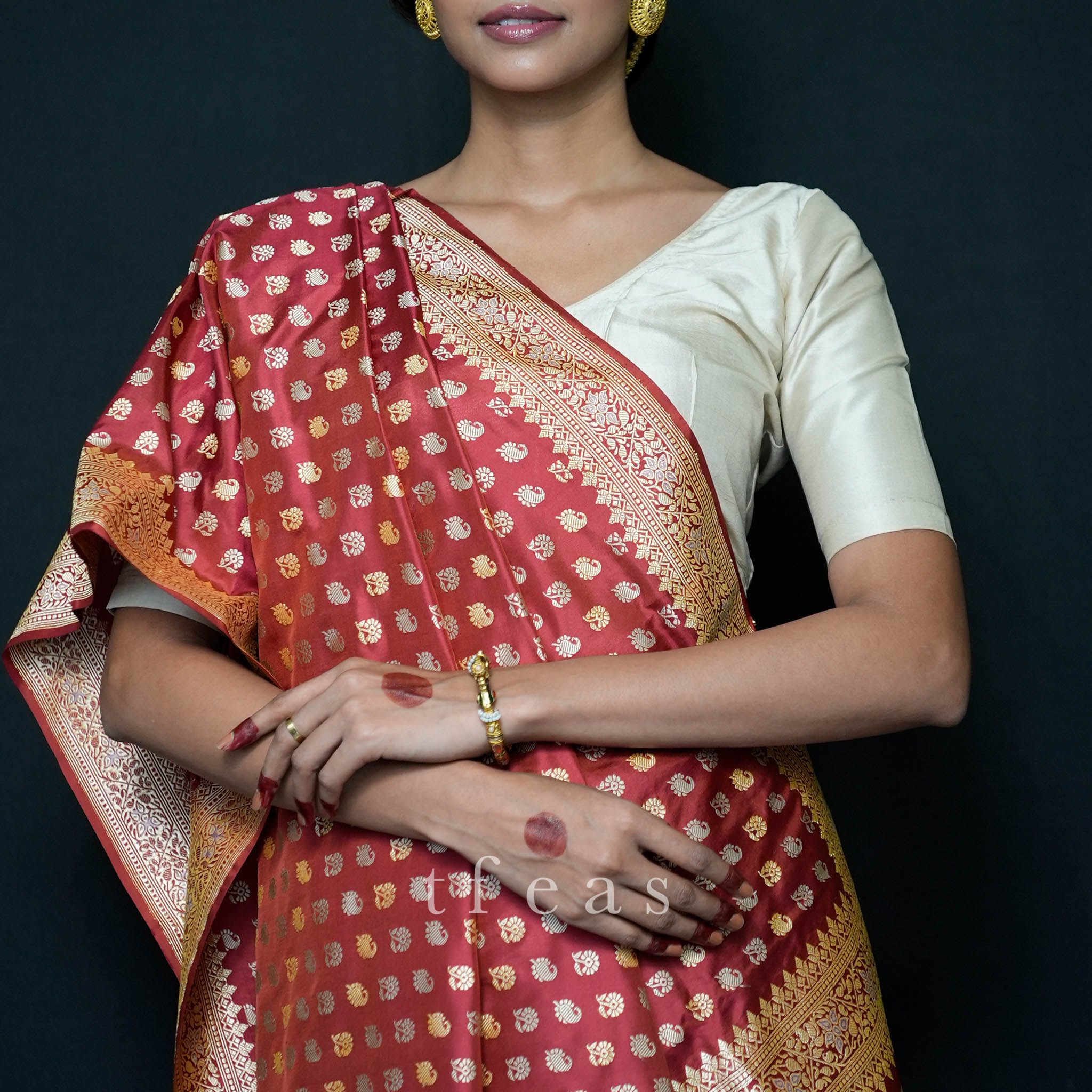 Red Revival Baluchari Saree with tree of life and zari