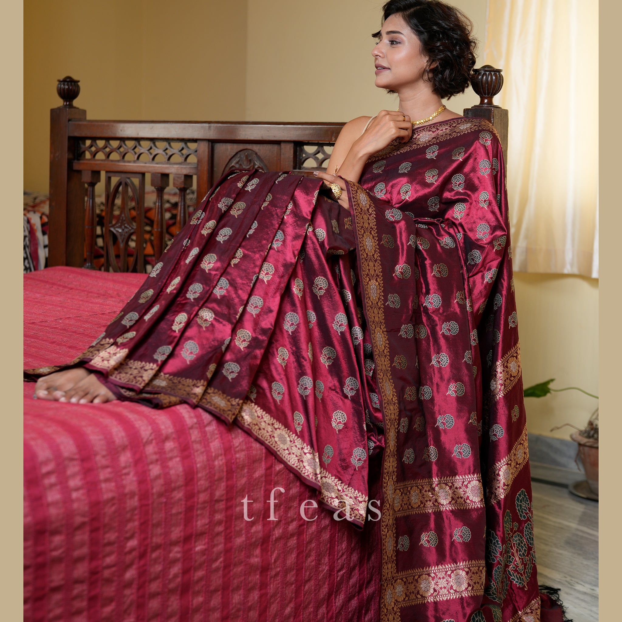 Maroon with Green Minakari Revival Baluchari Saree