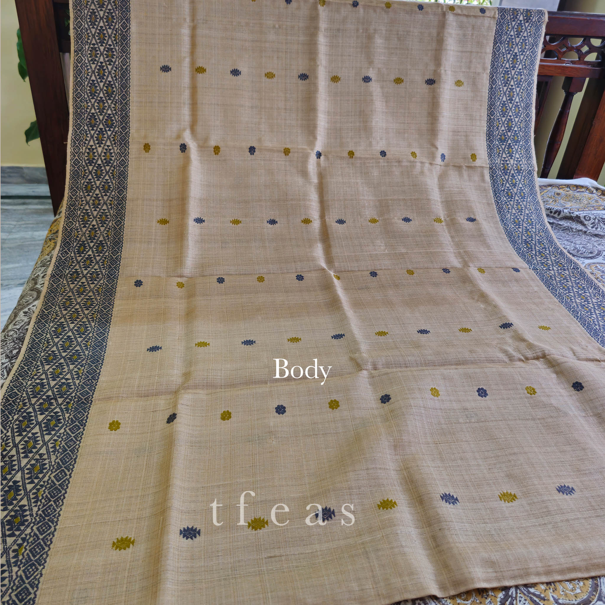 Heirloom Pure Assam Muga Saree with Natural Dyed Eri Extra Weft in Indigo and Mehendi