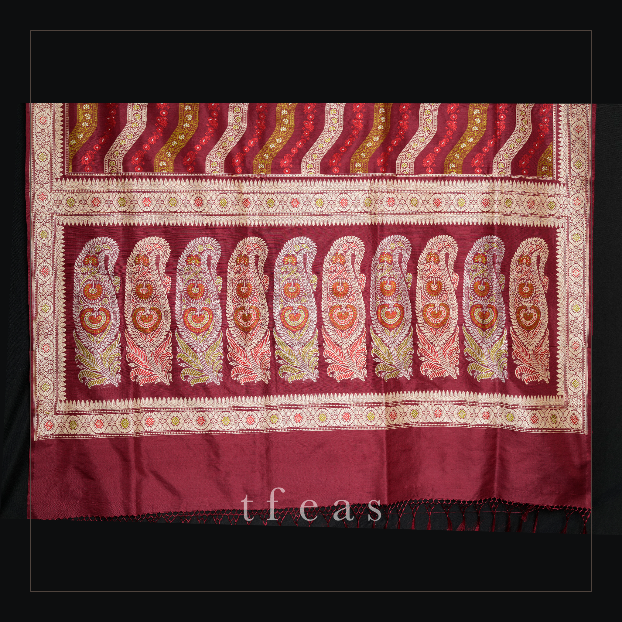 Maroon Ada Revival Baluchari with Pistachio and Red Minakari