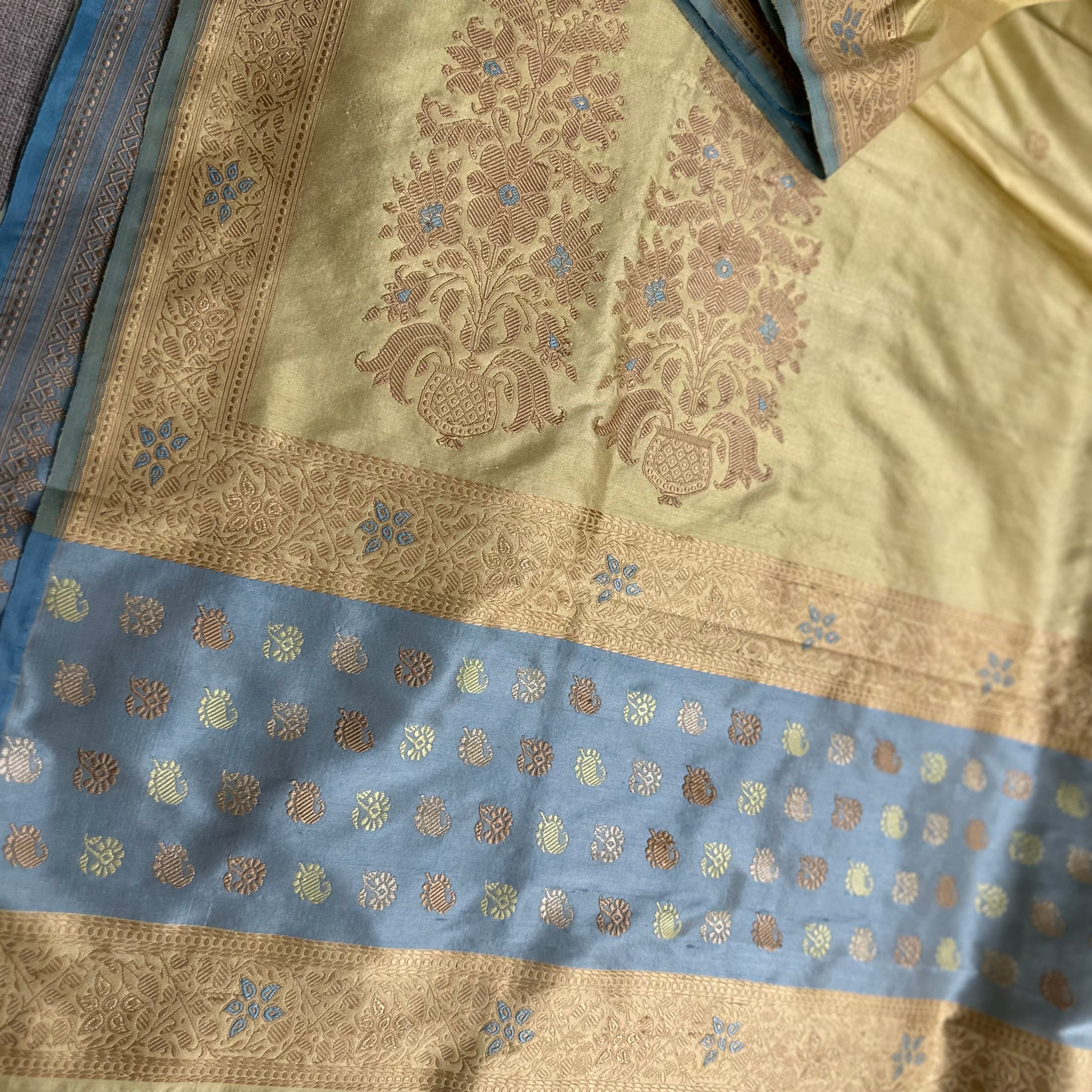 Yellow and Sky Blue Buti Baluchari with Tree of Life