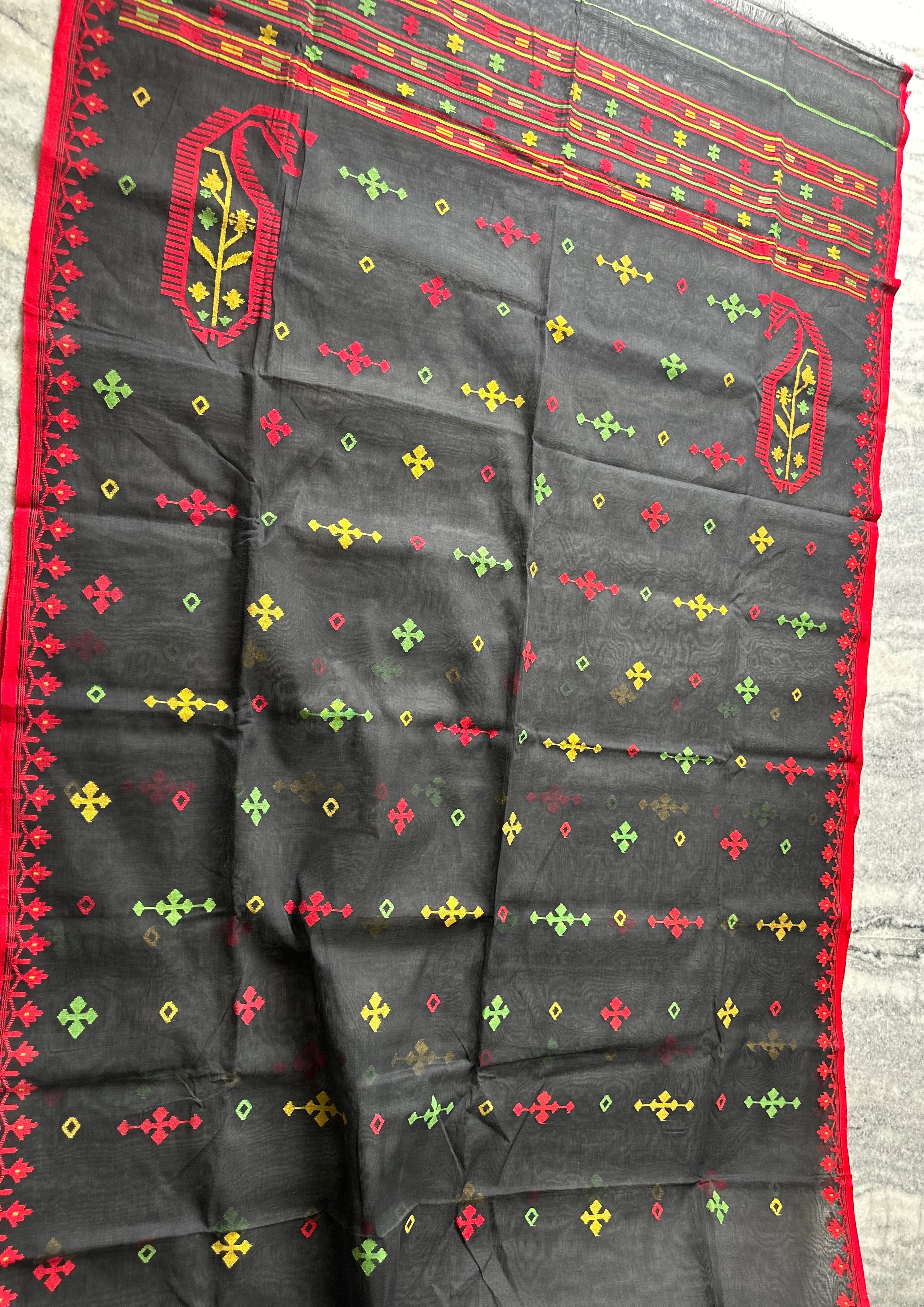 Black with Red and Green Dhakai Jamdani