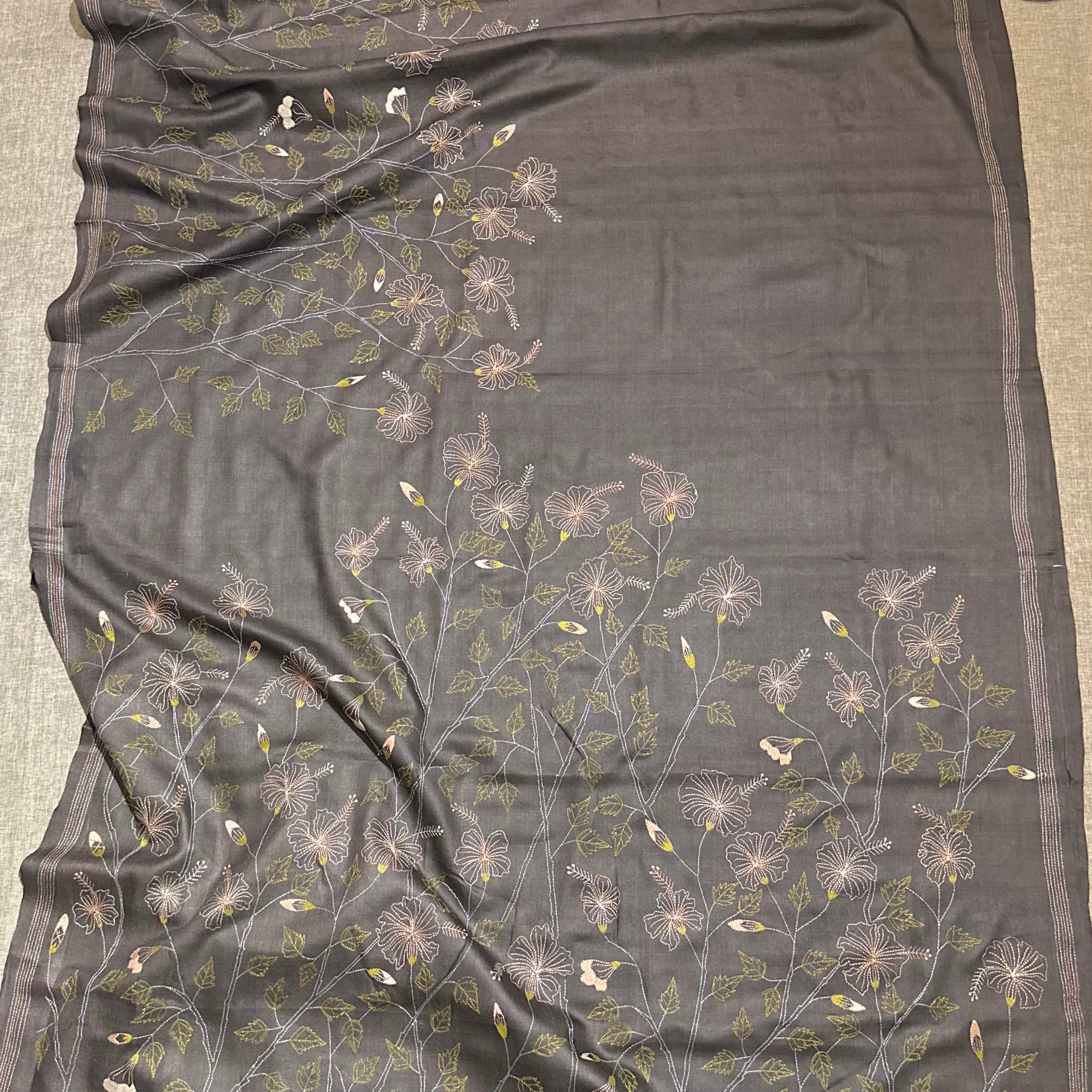 Grey Natural Dyed Handwoven Tussar with Kantha