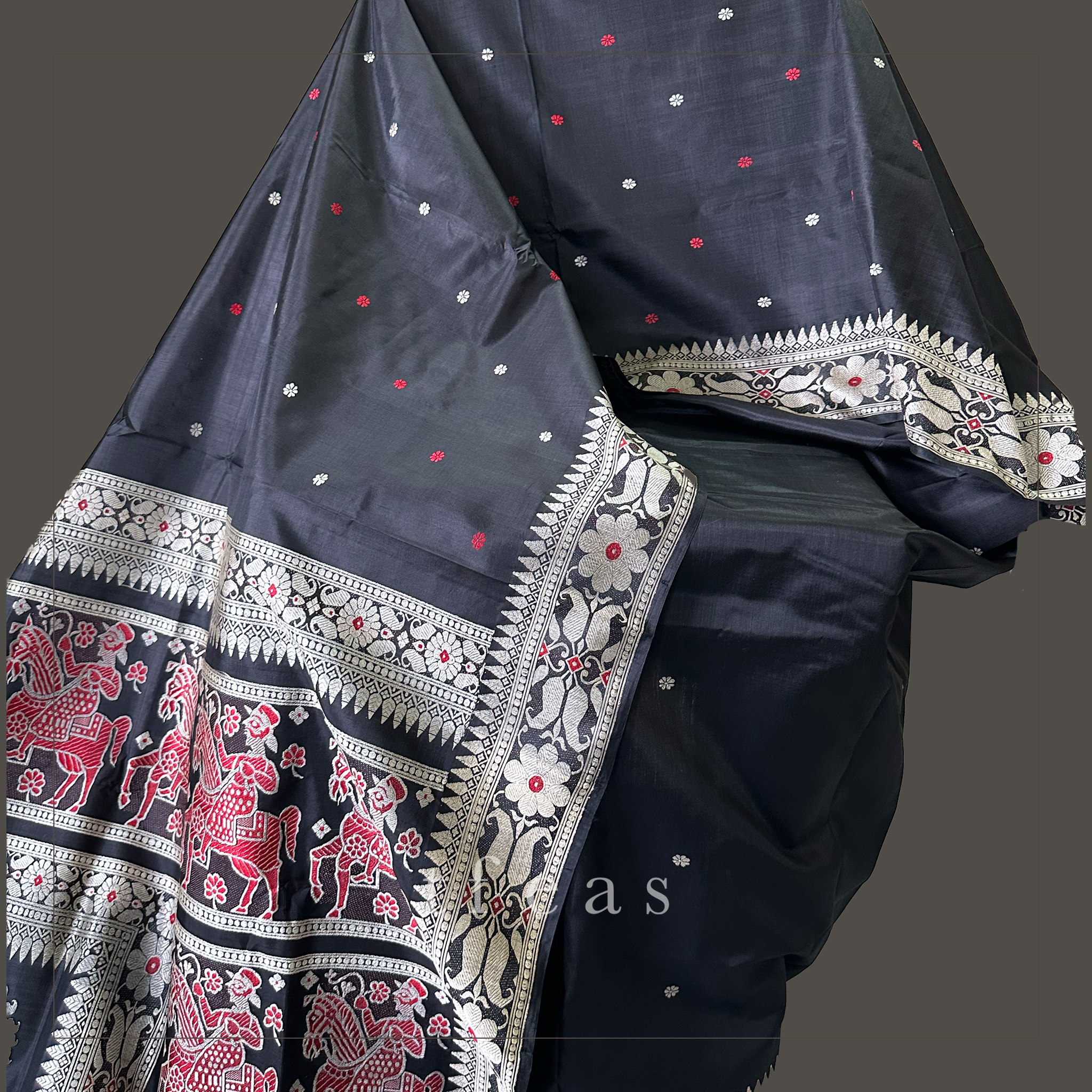 Black with White and Red Baluchari Saree from Bengal