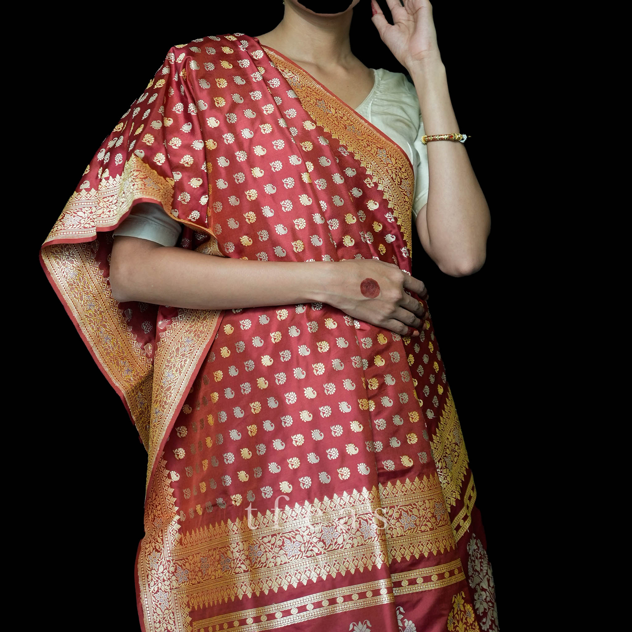 Red Revival Baluchari Saree with tree of life and zari