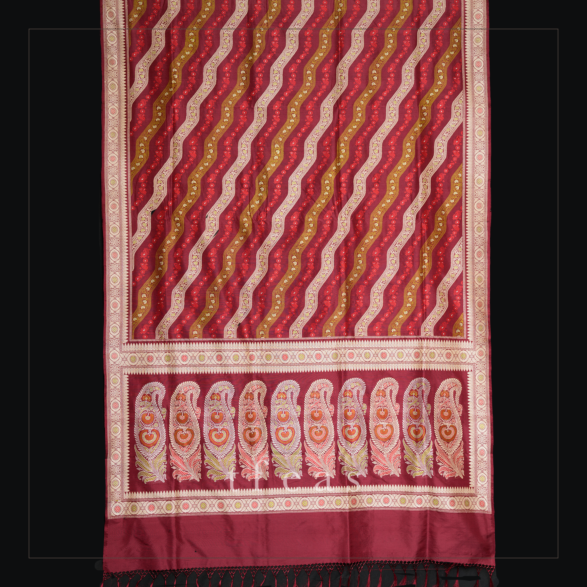 Maroon Ada Revival Baluchari with Pistachio and Red Minakari