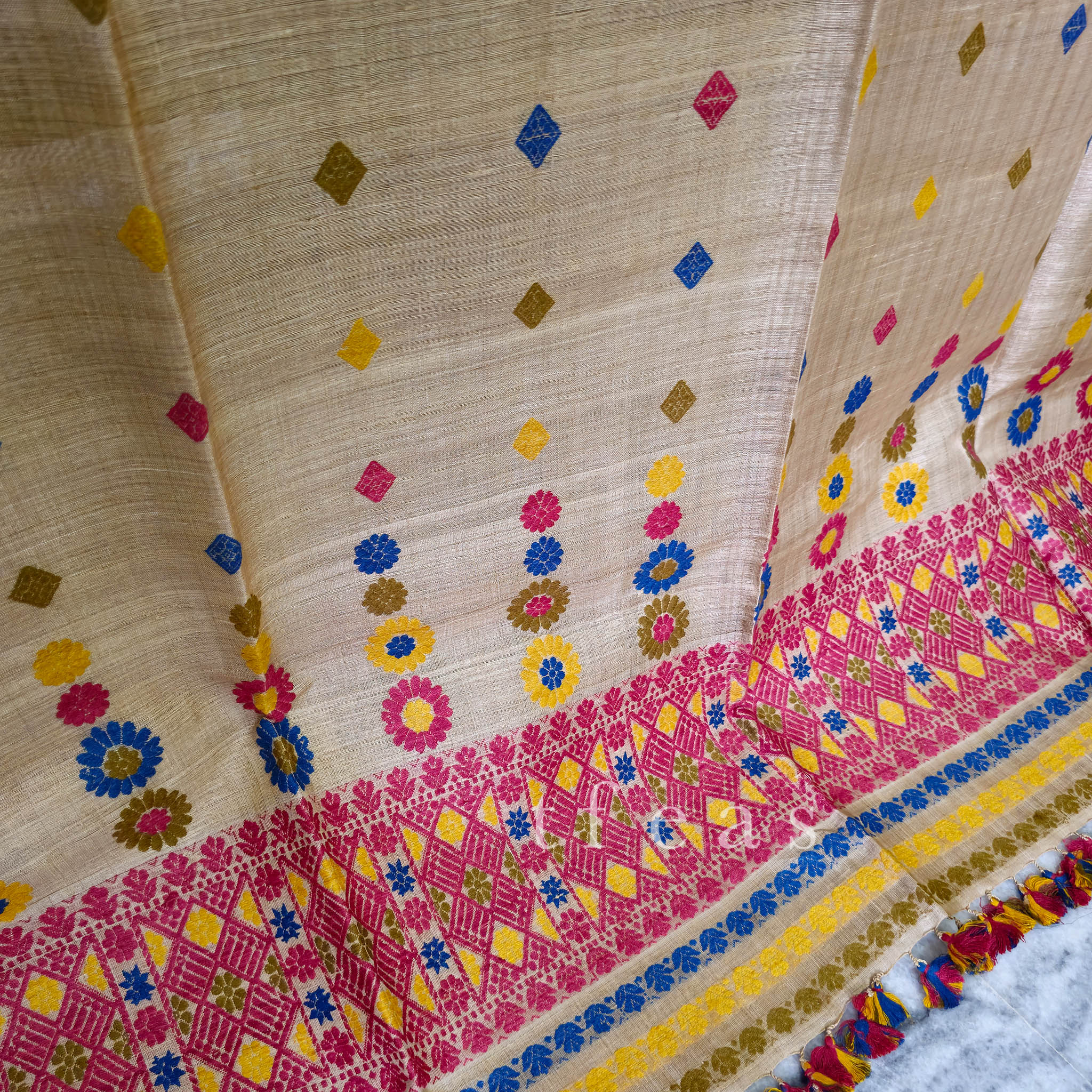 Heirloom Pure Assam Muga Saree with Natural Dyed Eri Extra Weft in Multicolor Diamond Motifs