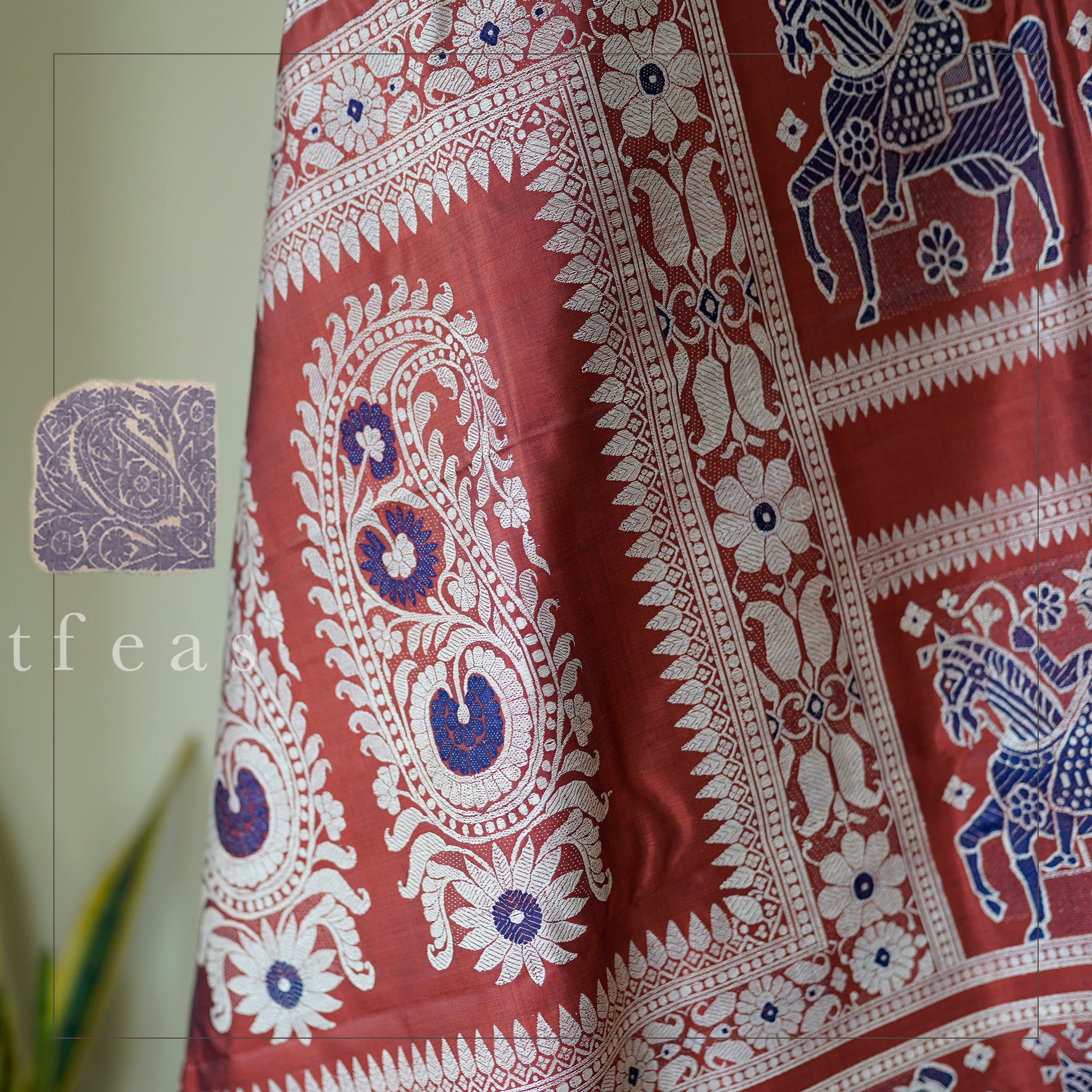 Rust and Blue Baluchari Saree from Bengal