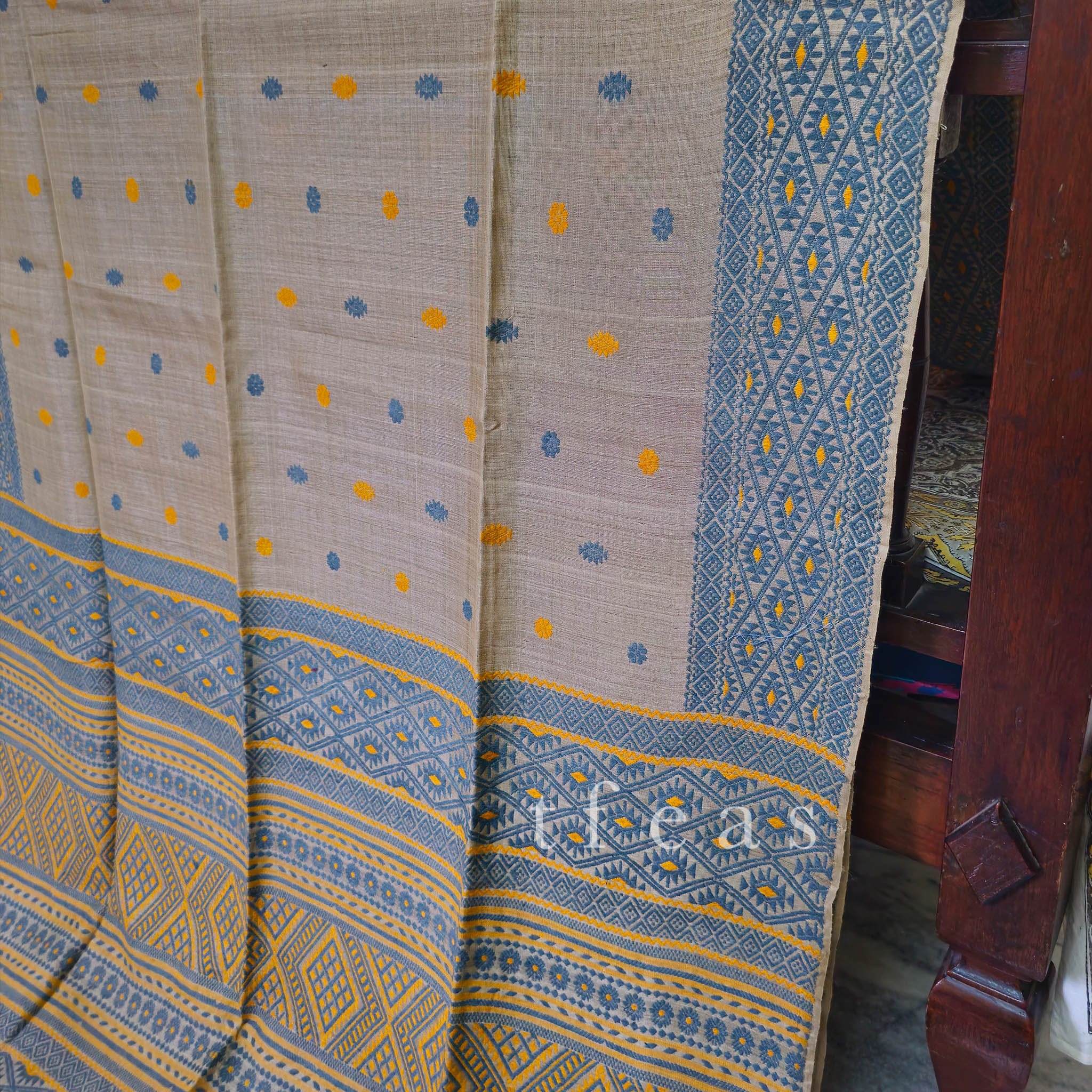 Heirloom Pure Assam Muga Saree with Natural Dyed Eri Extra Weft in Indigo and Mustard