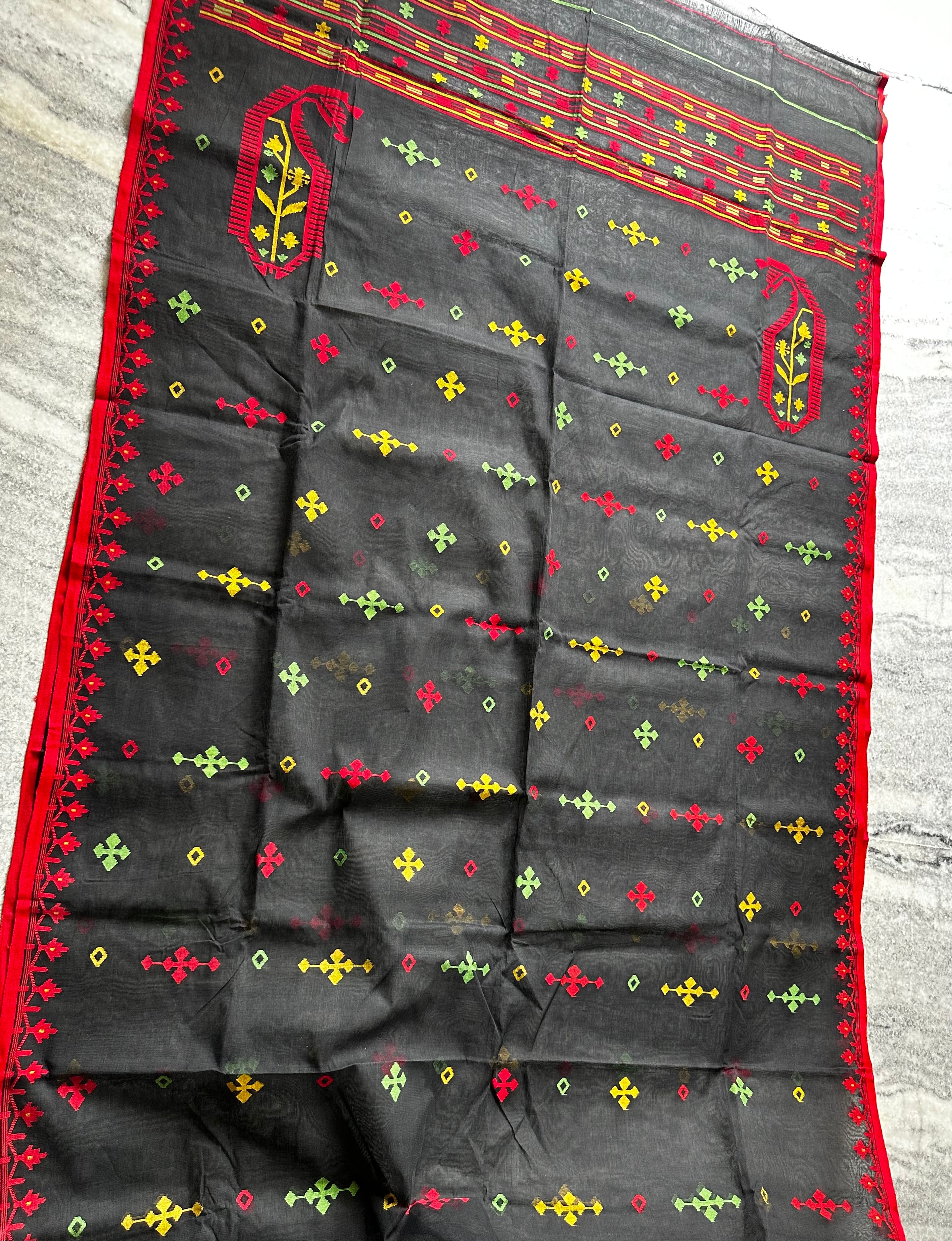 Black with Red and Green Dhakai Jamdani