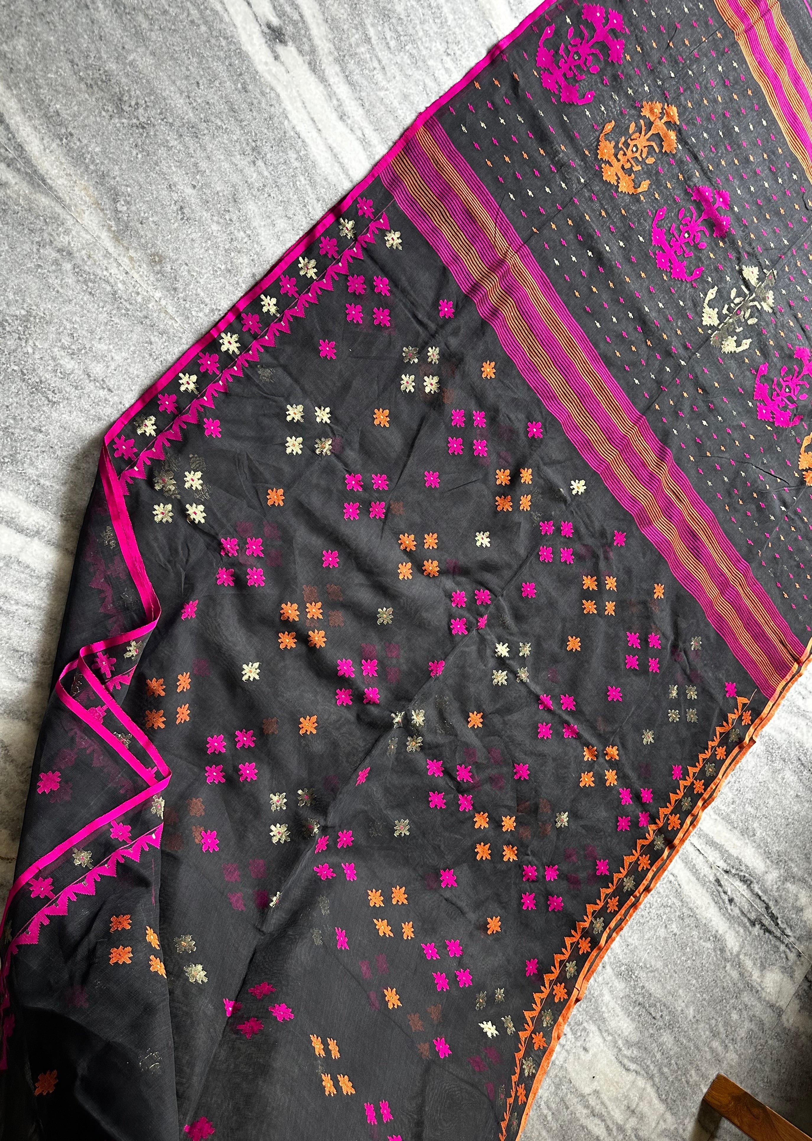 Black with Orange and Pink Dhakai Jamdani