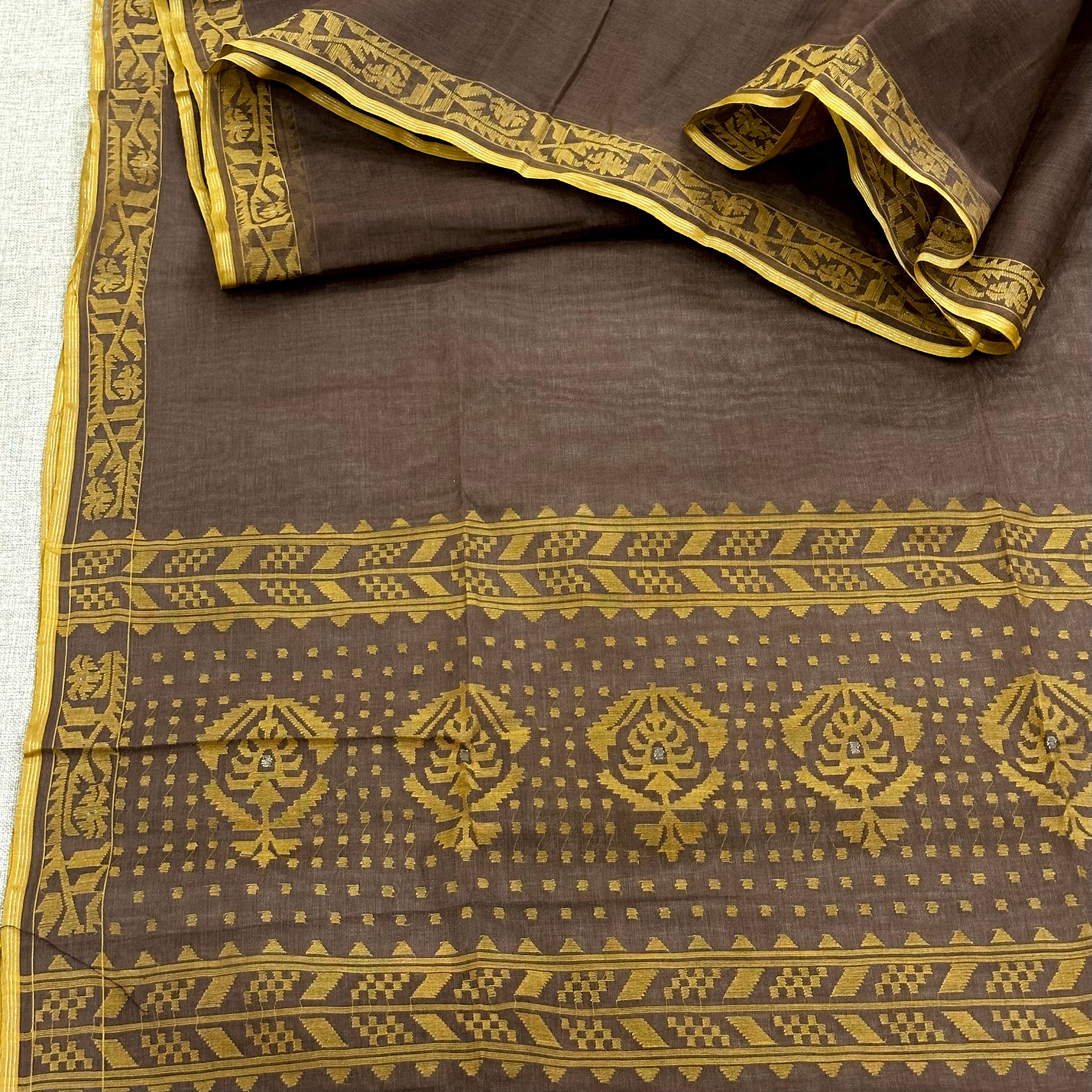 Cocoa Brown and Yellow Dhakai Jamdani