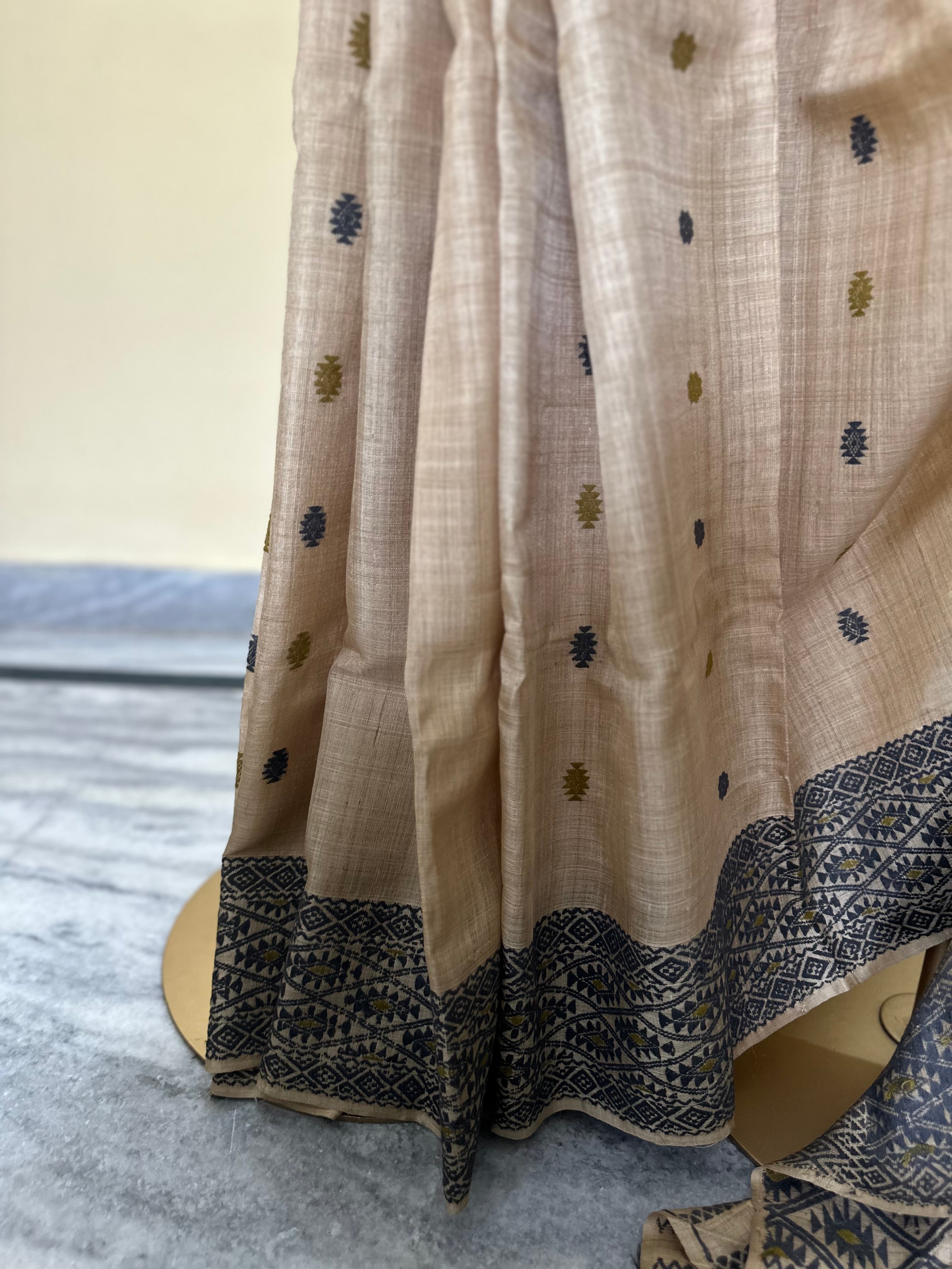 Heirloom Pure Assam Muga Saree with Natural Dyed Eri Extra Weft in Indigo and Mehendi