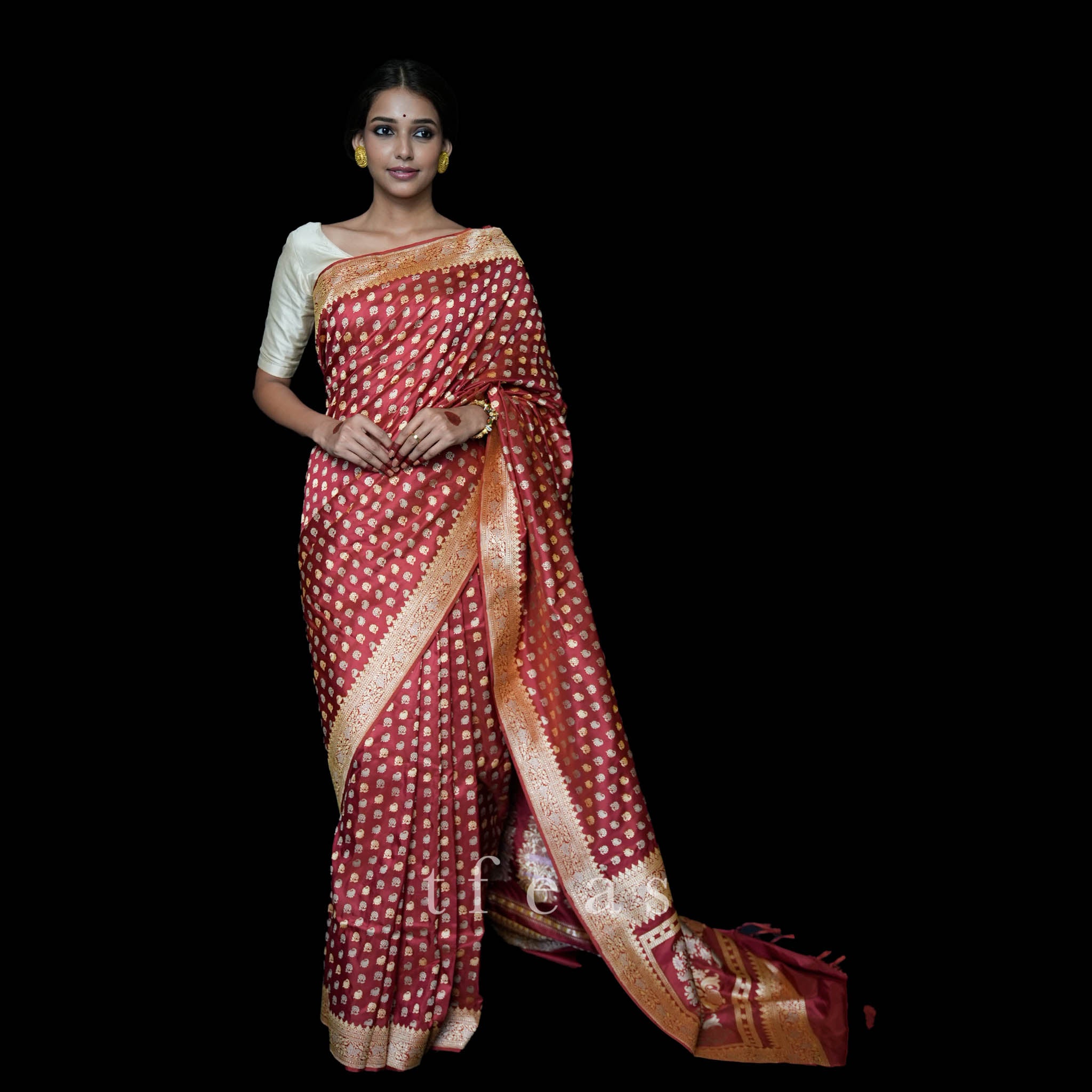 Red Revival Baluchari Saree with tree of life and zari