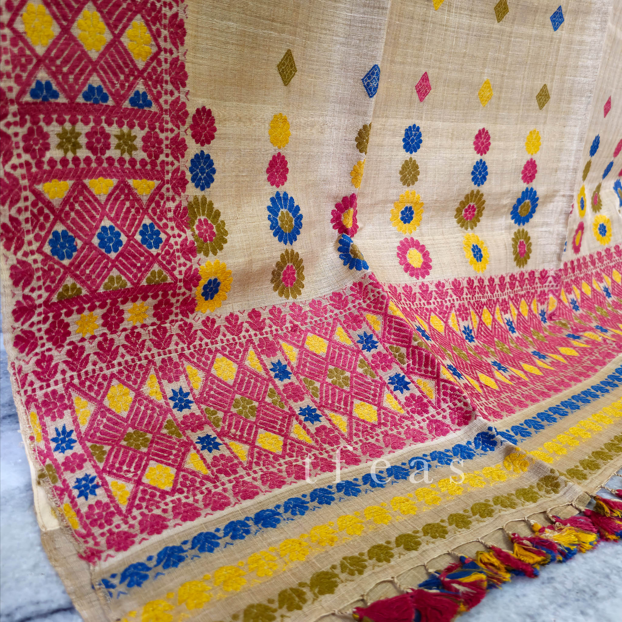 Heirloom Pure Assam Muga Saree with Natural Dyed Eri Extra Weft in Multicolor Diamond Motifs