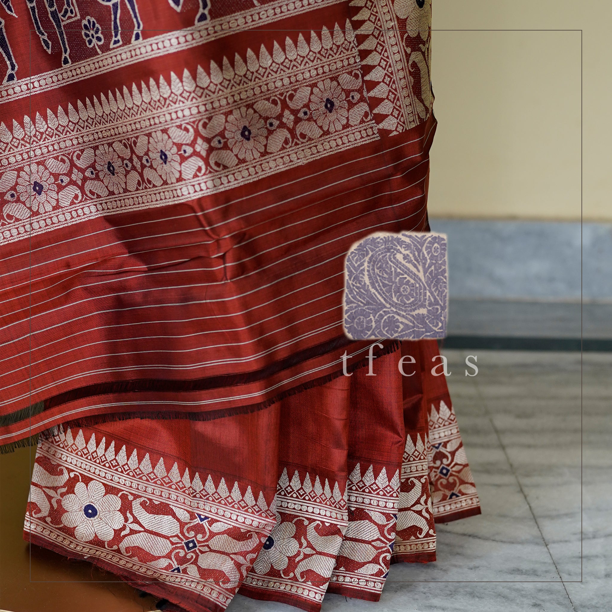 Rust and Blue Baluchari Saree from Bengal