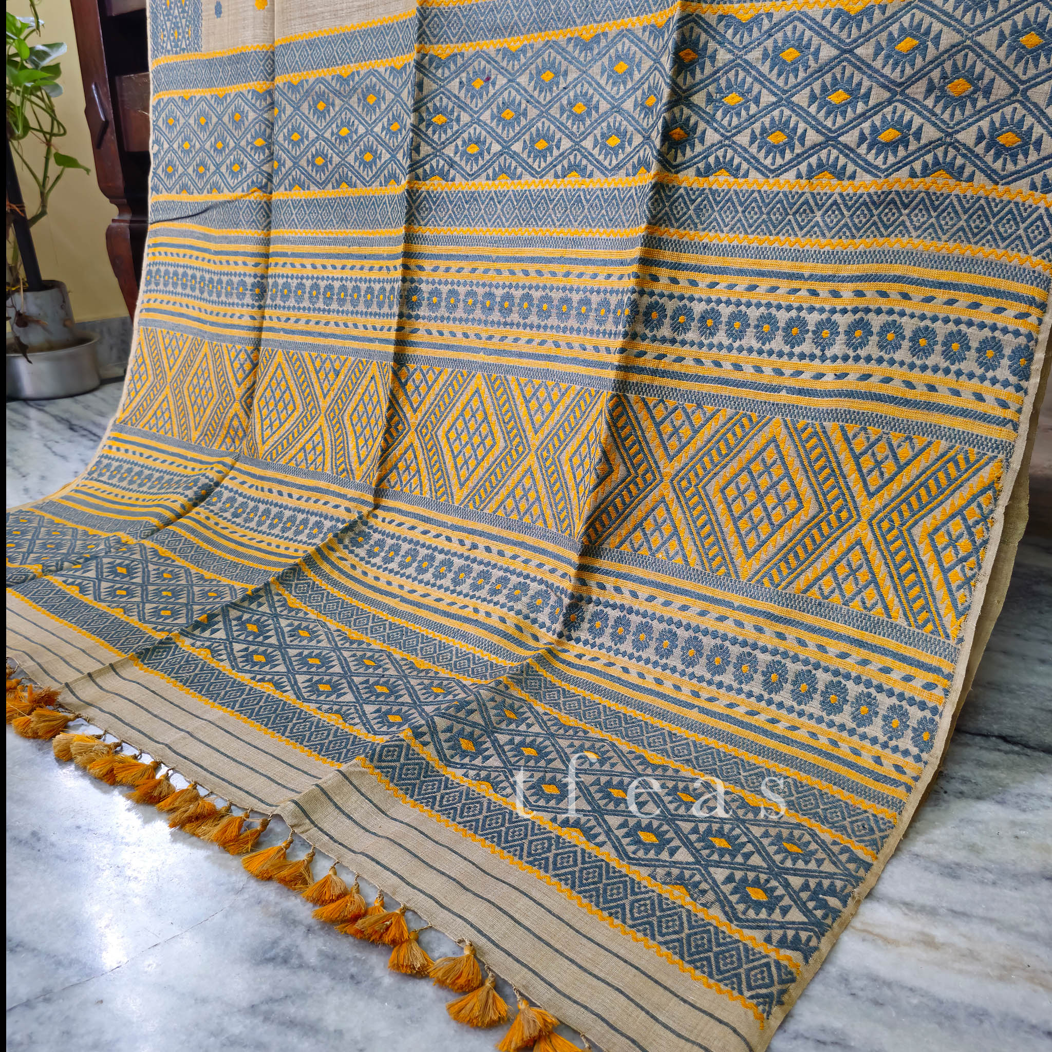 Heirloom Pure Assam Muga Saree with Natural Dyed Eri Extra Weft in Indigo and Mustard