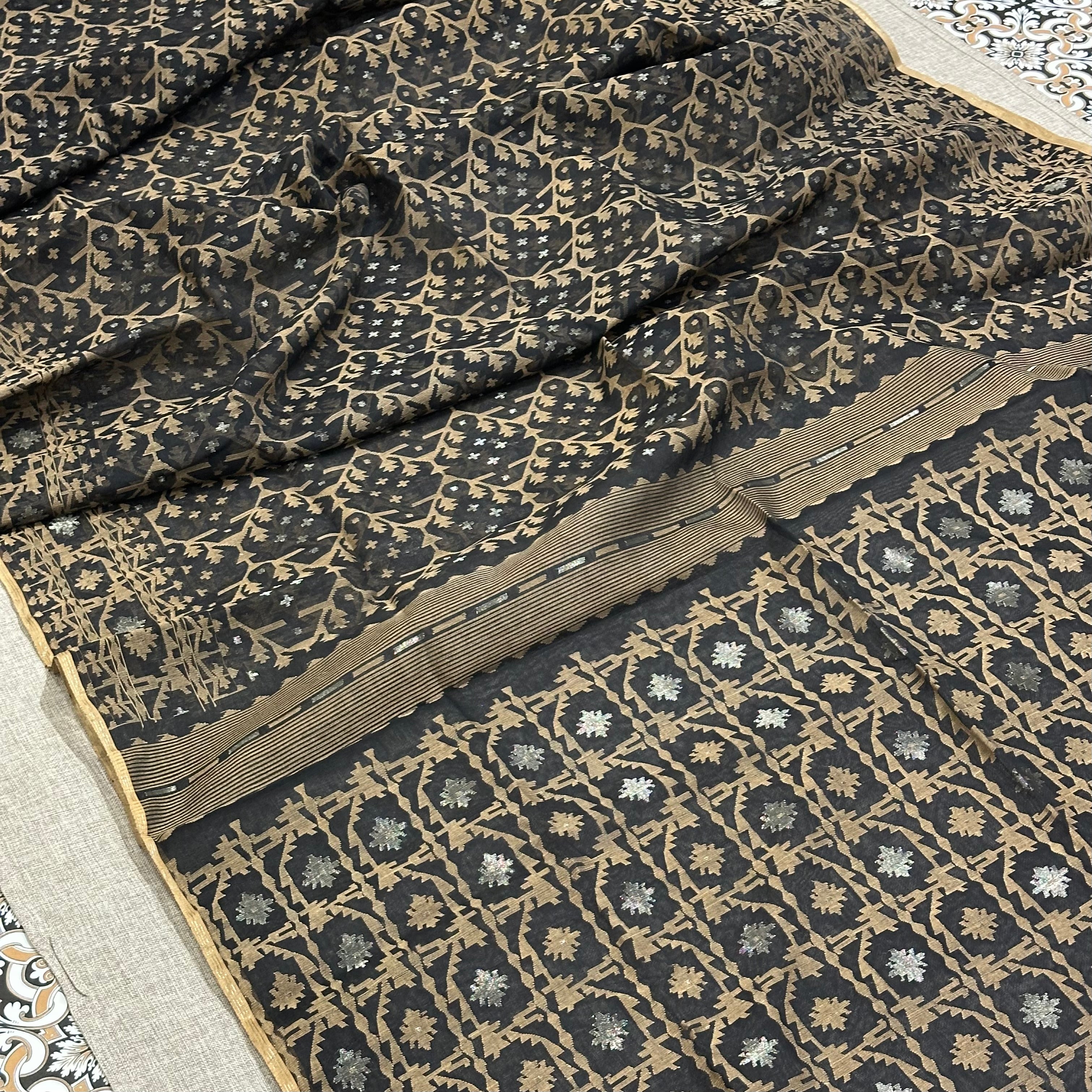 Black and Beige Jaal Dhakai Jamdani Saree