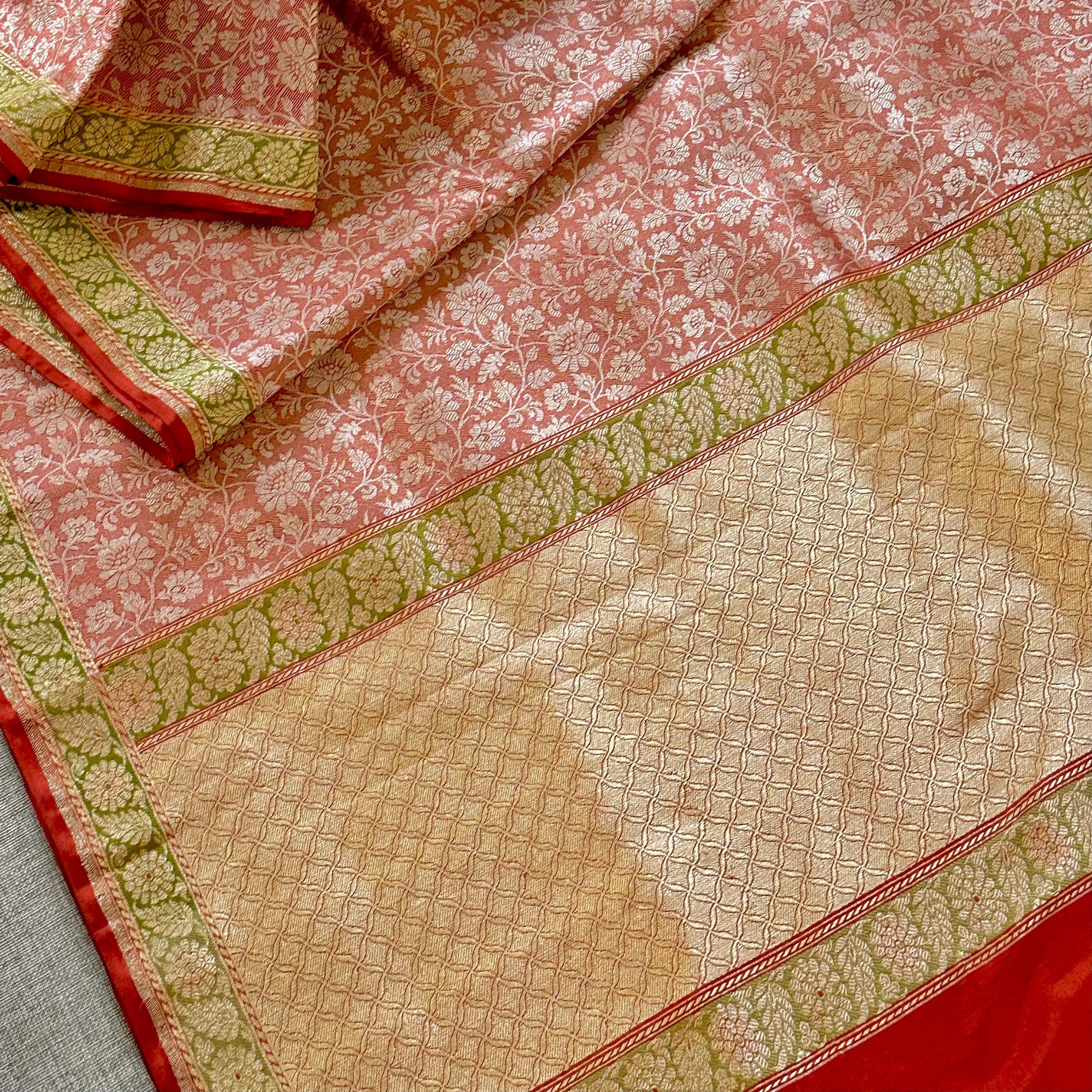 Brick Red Tanchoi Benarasi with Green Minakari Khadwa Border