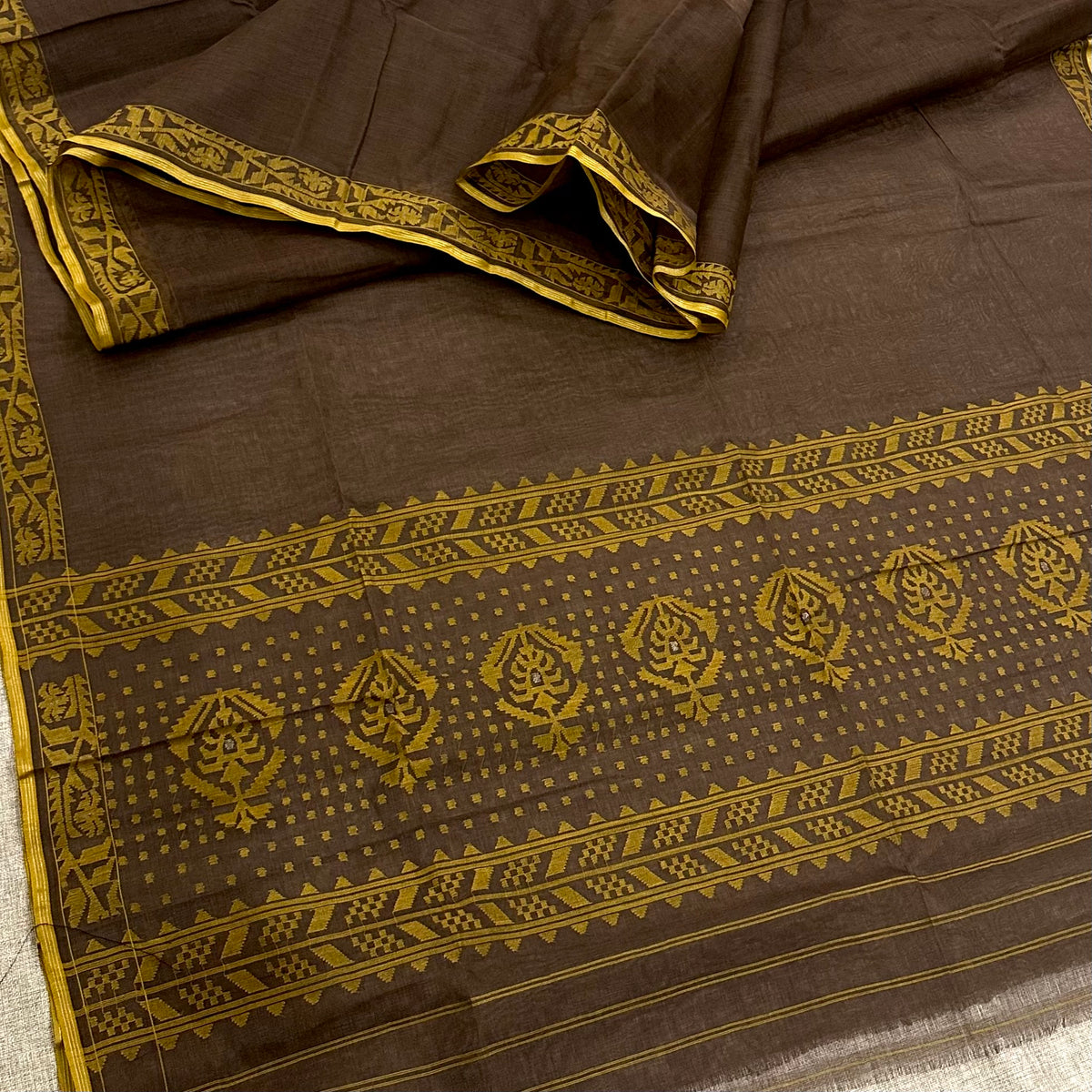 Cocoa Brown and Yellow Dhakai Jamdani